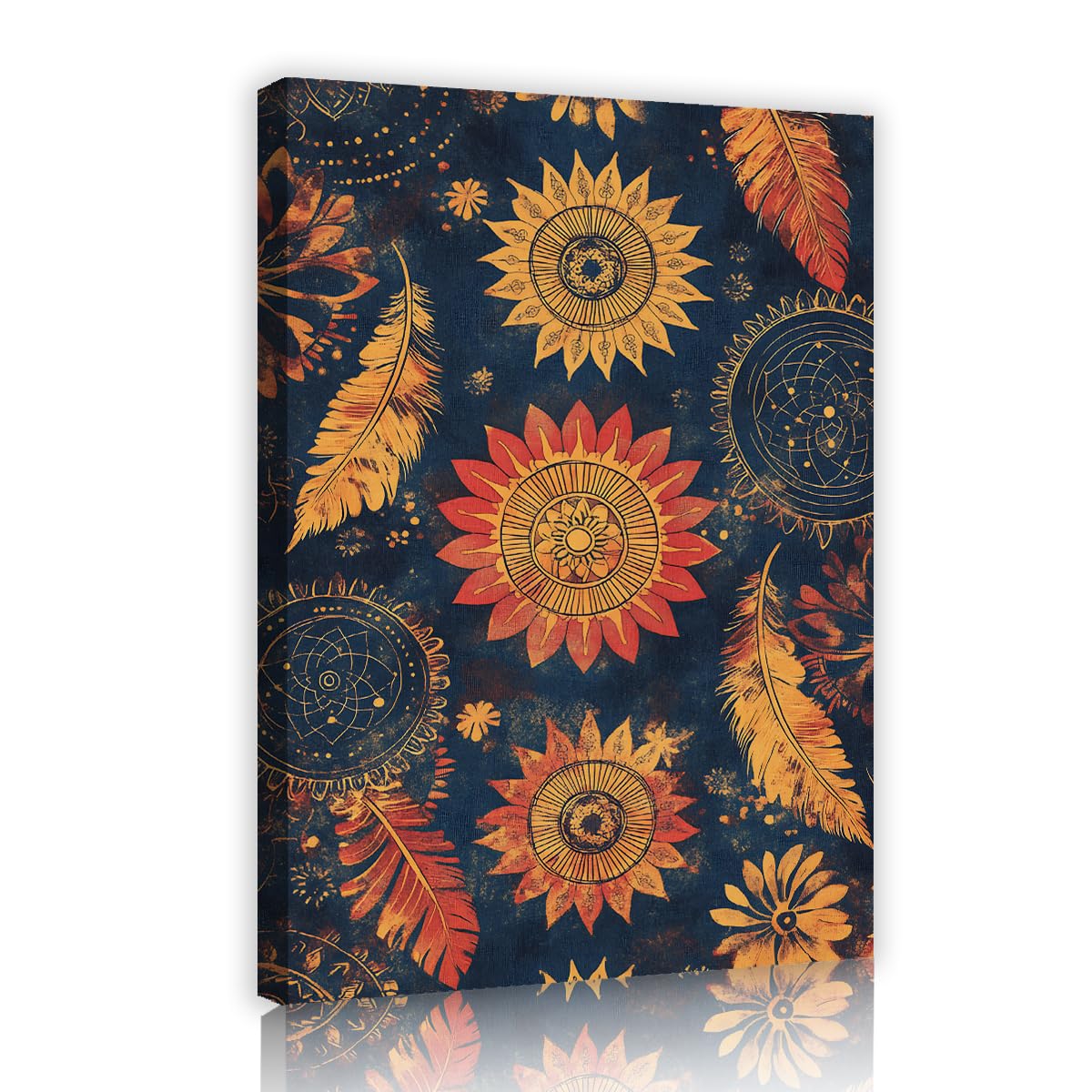 Via Vela Boho Mandala Framed Canvas Artwork Dining Room Tribal Flower Feathers Painting Vintage Pictures Gallery Wrapped Wall Art for Bedroom Decor 70x105cm