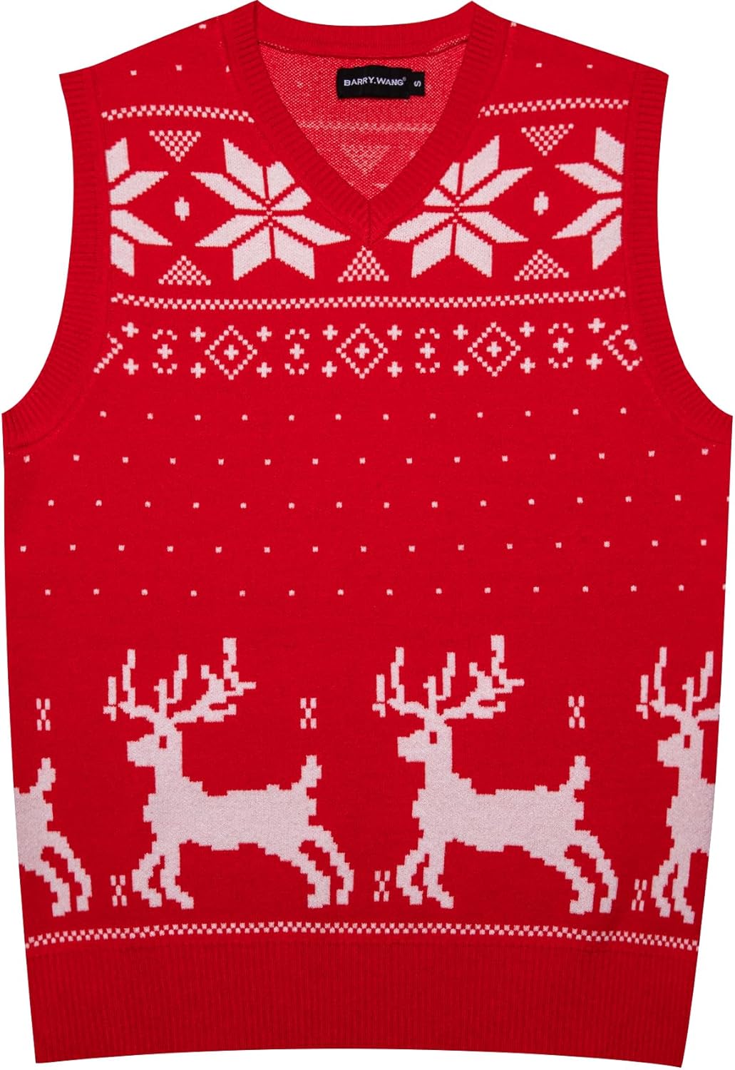 Barry.Wang Mens Christmas Sweater Vest Red/Green Ugly Xmas Reindeer Snowflake Sleeveless Knitted Pullover Holiday Party - Image 3
