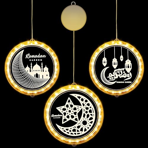 3 piezas de 6.30 pulgadas Eid Ramadán decoraciones de ventana 3D LED Ramadán luces de hadas adornos Mubarak regalo para musulmanes árbol Eid lámpara