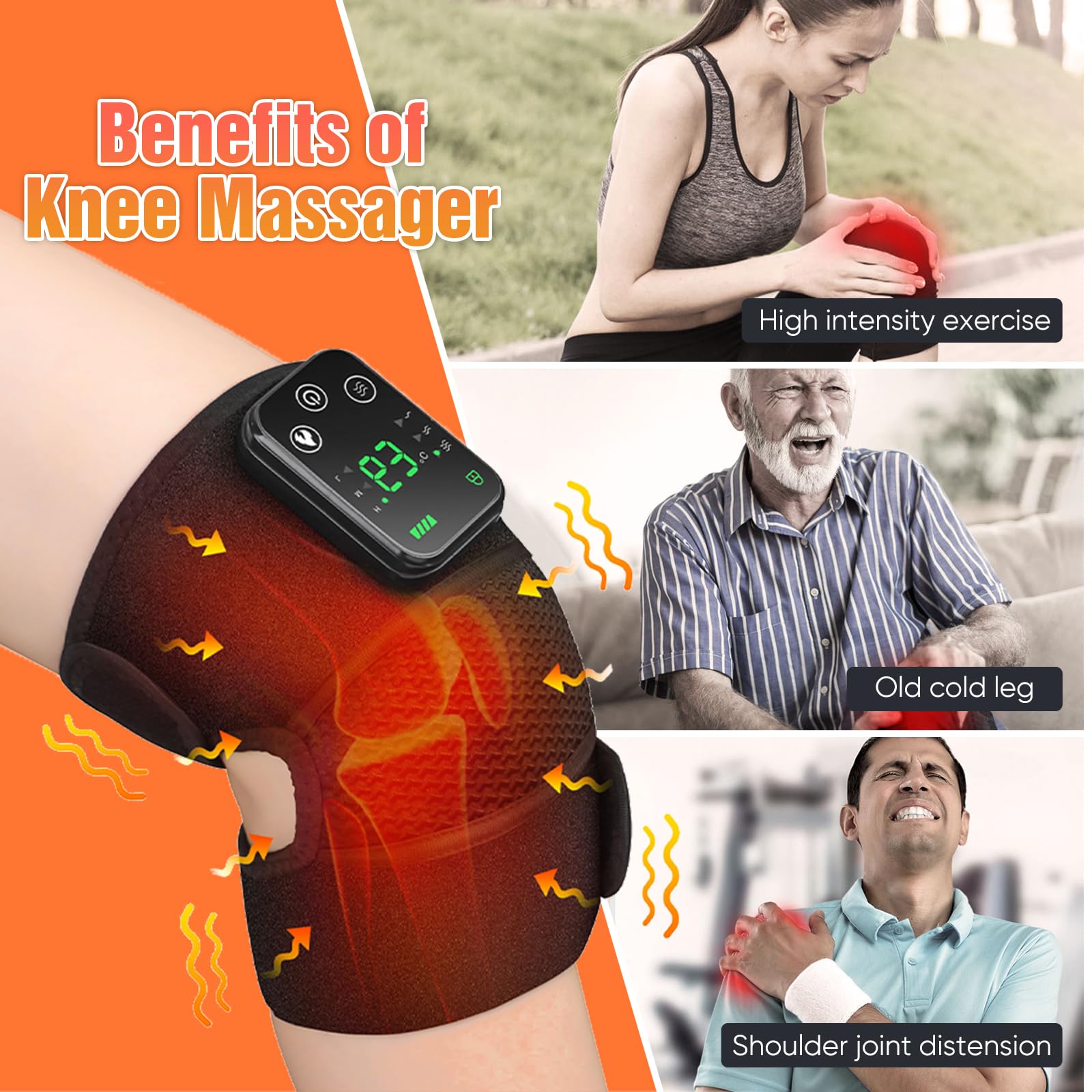Rodillera calefactora inalámbrica,Cojín calefactor para la rodilla con control táctil, rodillera térmica para hombro y codo con 3 modos de masaje, ajustes de temporizador