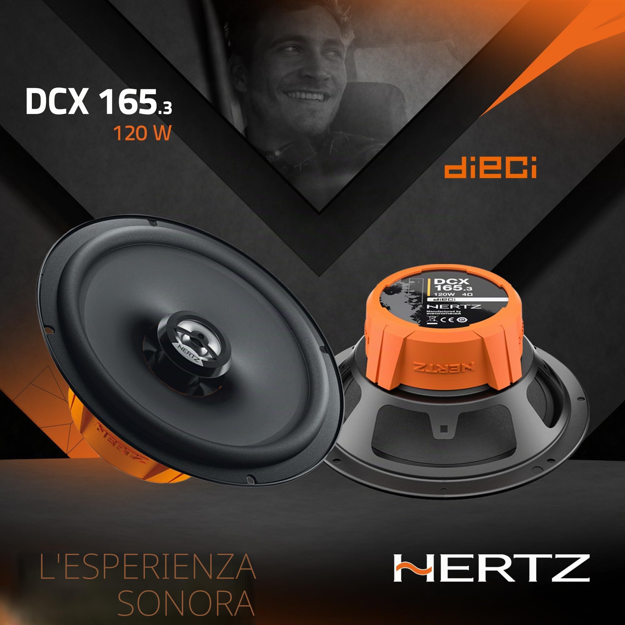 Hertz DCX 165.3 coppia coassiali 2 vie 165mm, 120W | carta pressata idrorepellente, tweeter PEI 15mm, 6,5 pollici, 60W RMS, 4 Ohm, 93 dB, 60-21000 Hz, magnete in ferrite