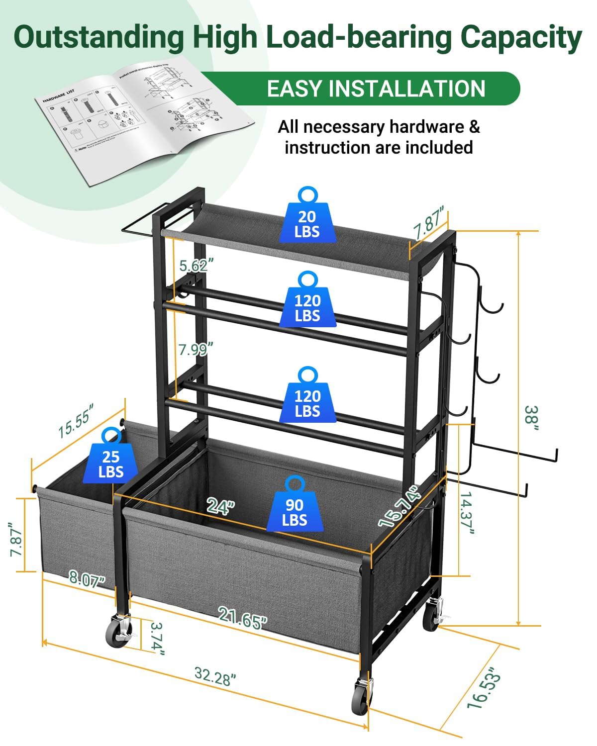 FavourLife Adjustable Dumbbell Rack, 4-Tier Movable Weight Rack Stand for Home Gym Up To 405lb with Lockable Caster & Hooks, Home Gym Equipment Storage for Dumbbell Kettlebell Yoga Mat Ball