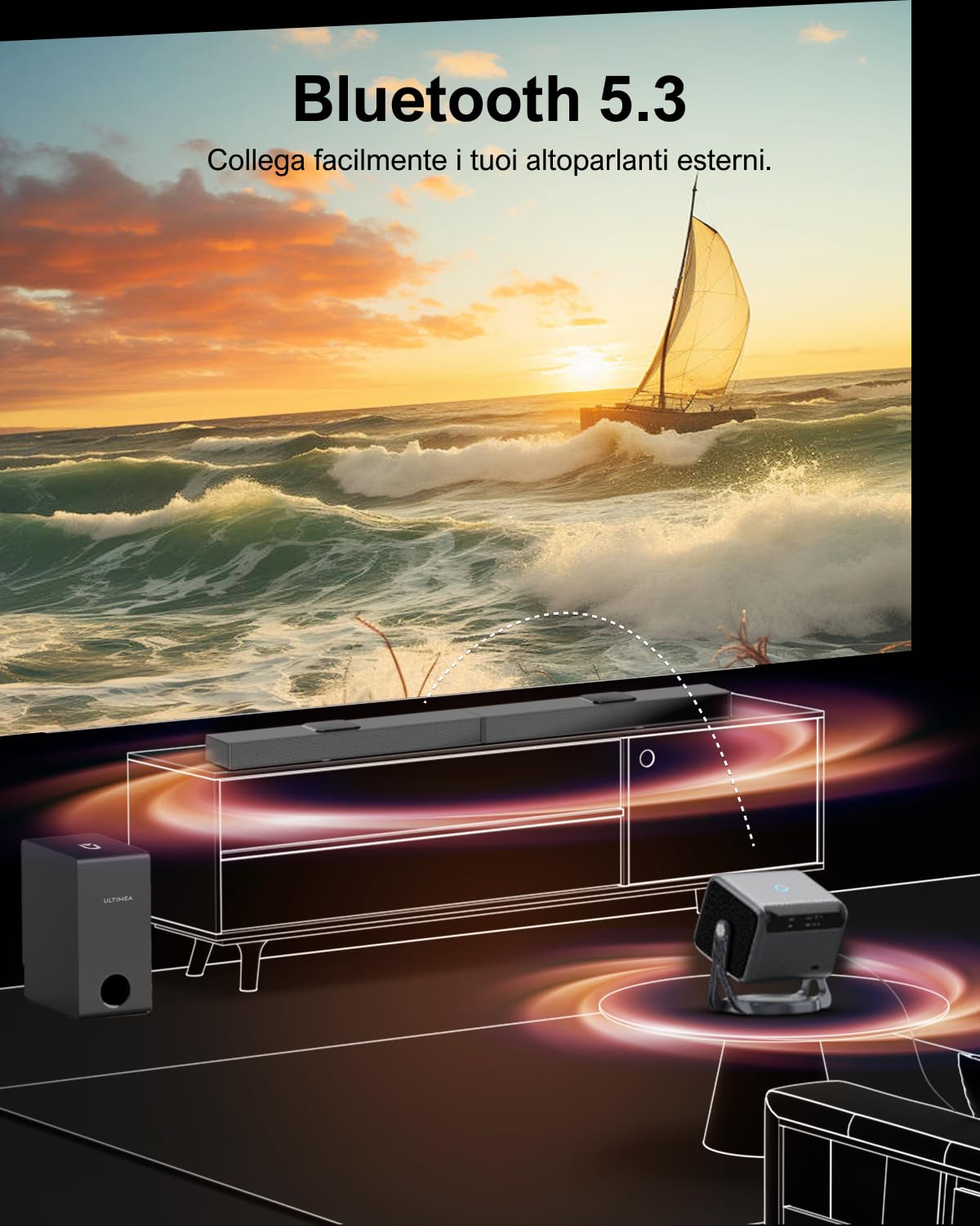 ULTIMEA Proiettore con Dolby Audio, Supporto 4K, Proiettore Portatile per Android TV 11.0, Presenta un Design Autonomo e un Gimbal a 90°, 600 ANSI Lumen, Bluetooth, Nova C40