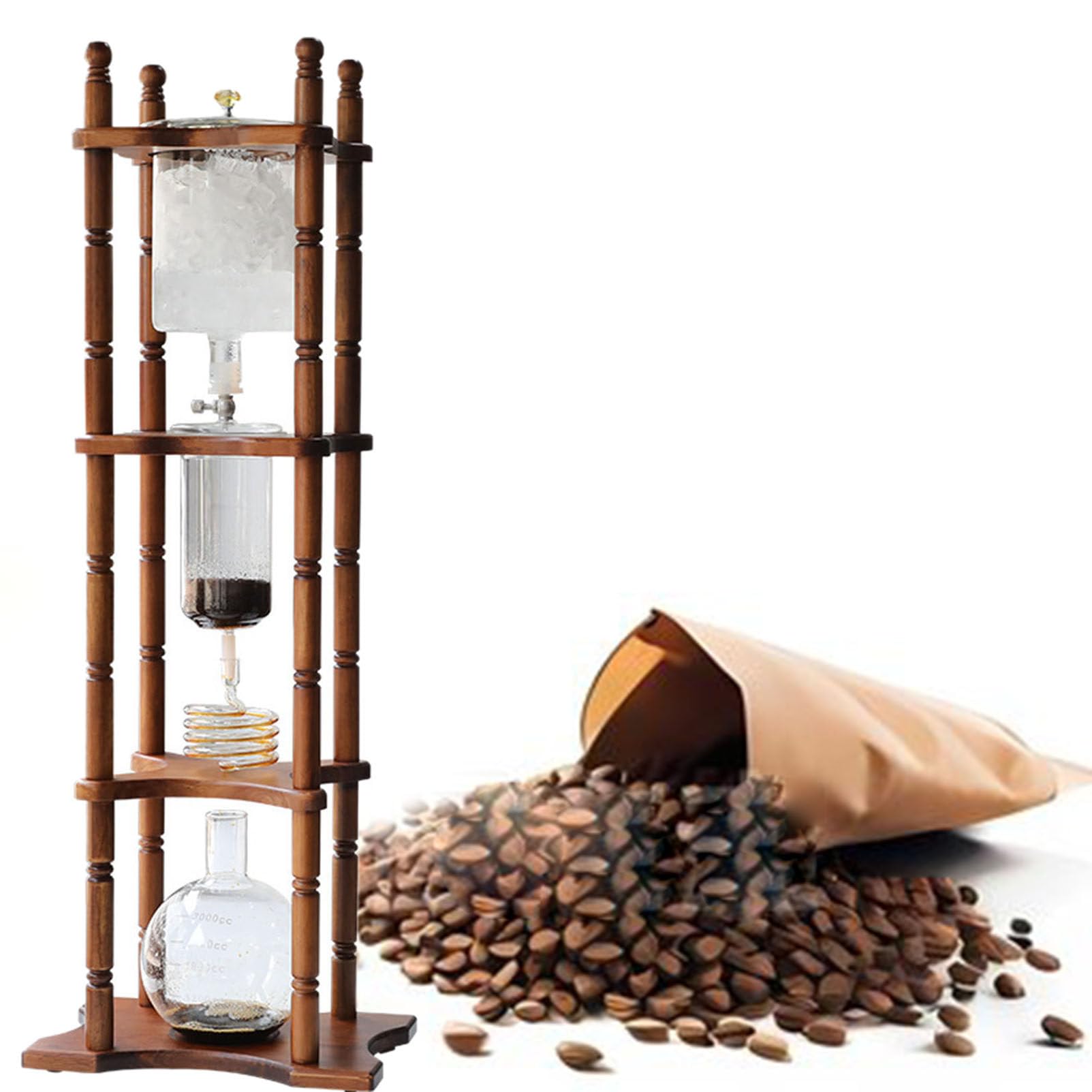 Macchina per caffè Freddo Cold Brew Dripper Pot Cold-Dripper Coffee Tower Macchina per caffè Freddo in Legno Vetro 3000 ml Marrone