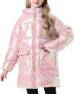 Cutemile 5-12 Years Girls Winter Long Fleece Coat Parka Metallic Puffer Jacket Outwear with Hooded
