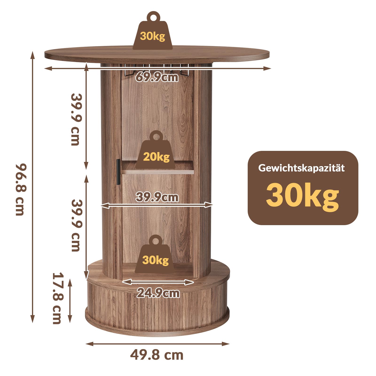 Runder Bartisch mit zweistufigem, verstecktem Stauraum und Weinglasablage, 97 cm hoch, rustikaler Cocktailtisch/Stehtisch mit Fußstütze und Schiebetür für Bars, Esszimmer, Wohnzimmer