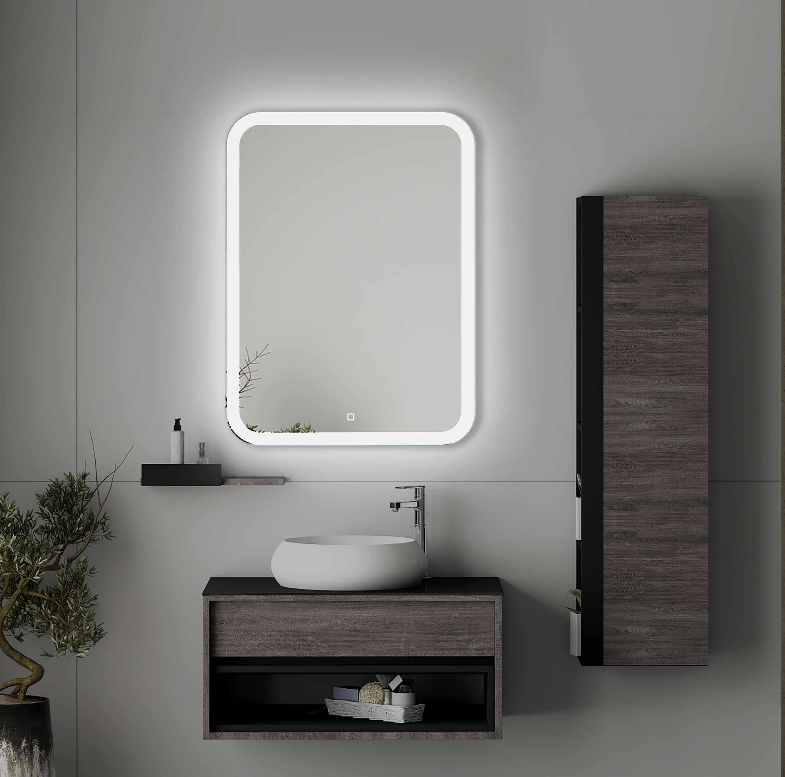 Rechteckiger LED Badspiegel 60 × 80 cm, Frontbeleuchtung | Badezimmerspiegel mit Beleuchtung, LED Wandspiegel, Touchschalter, Dimmbar, Neutralweißes Licht, Abgerundete Ecken