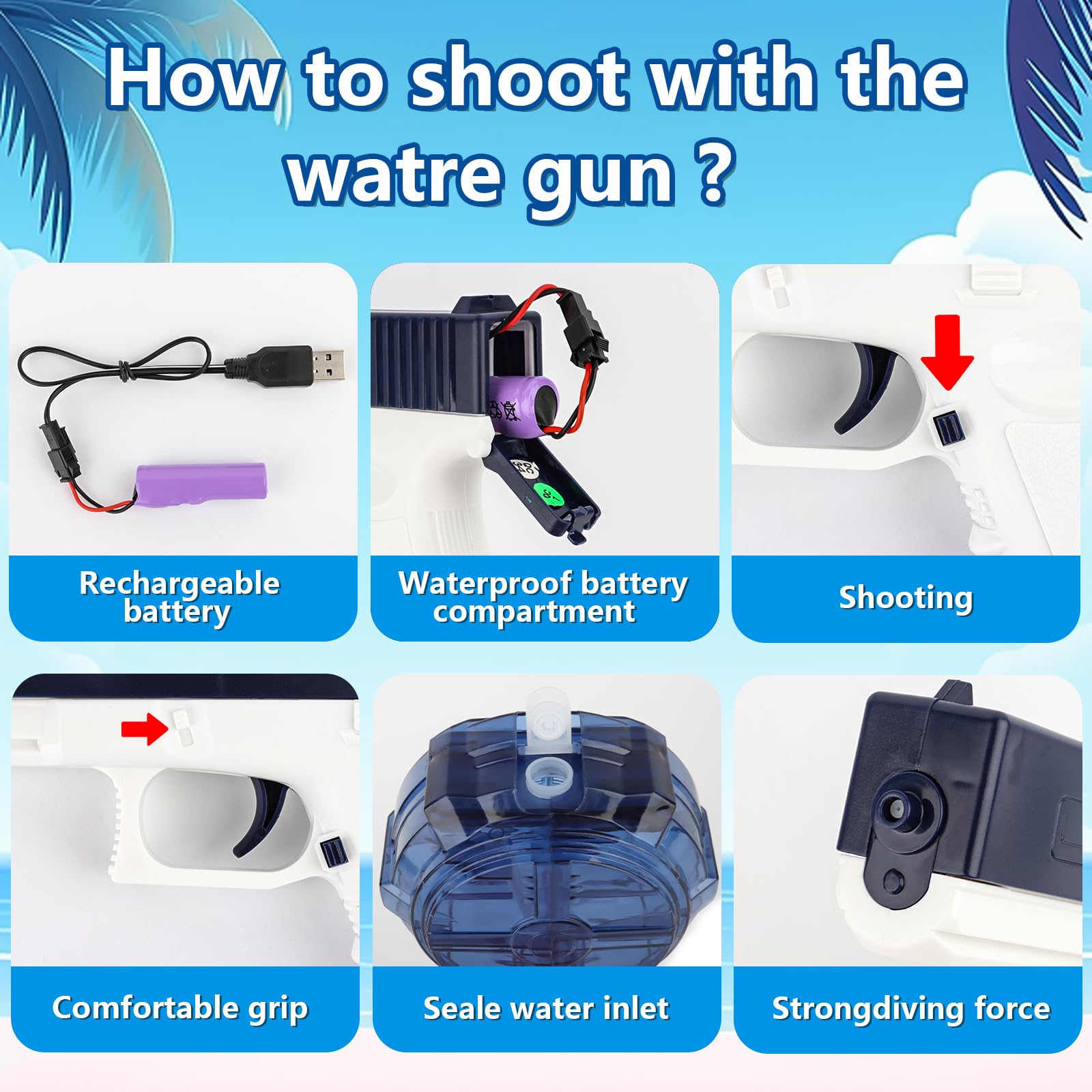 Elektryczny pistolet na wodę, dla dorosłych i dzieci, 9 m, duży zasięg, pistolet na wodę, zabawka na lato, plażę, do użytku na zewnątrz, do zabawy na basenie (niebieski)