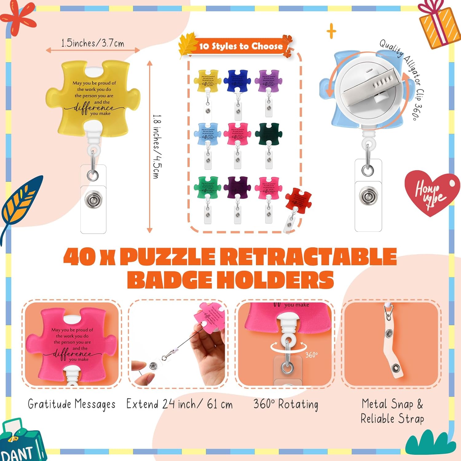 ReliThick 40 Set Employee Appreciation Gifts Bulk, Puzzle Badge Reel Set with Thank You Cards, Retractable ID Badge Holder for Nurse Teacher Staff Team Office Hospital School (Proud of You)