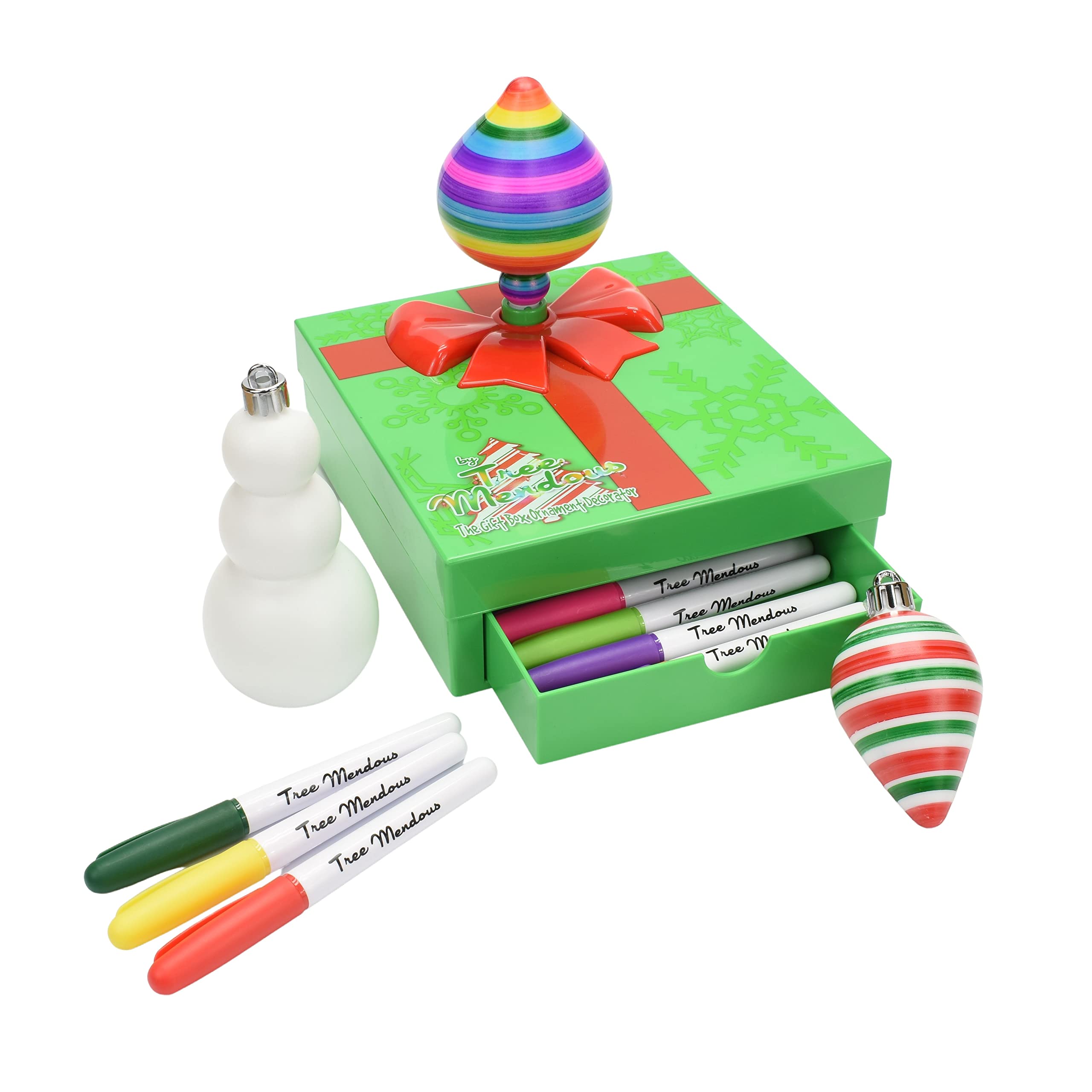 The Treemendous Ornament Decorator Gift Box by - DIY Decorating Arts and Crafts Kit - Includes Gift Box Spinner, 3 Unique s and 8 Colorful Quick Drying Markers [Cap Colors May Vary]
