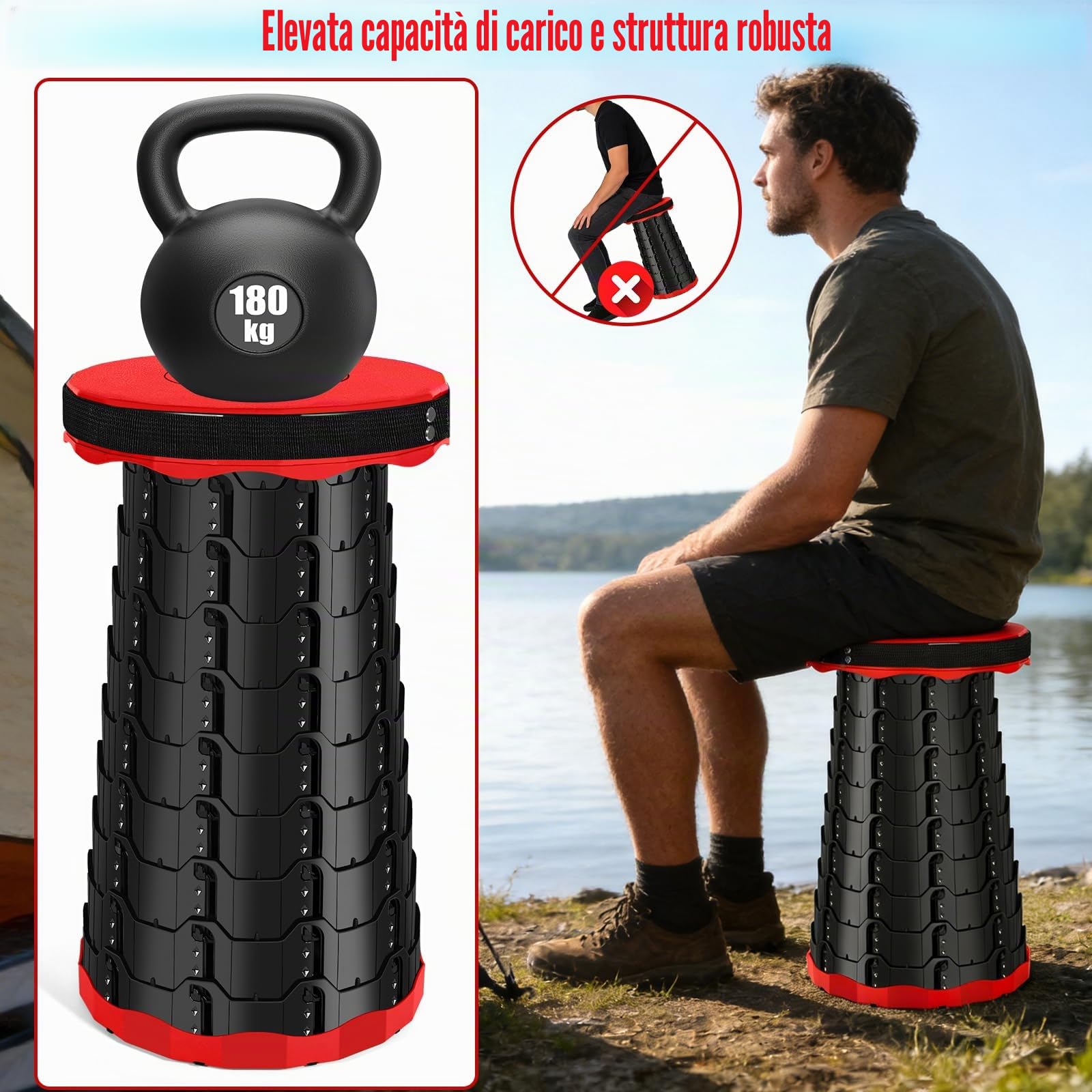 Sgabello Pieghevole Portatile, Sgabello Telescopico, Sgabello da Campeggio Leggero, Altezza Regolabile, Ideale per Campeggio, Giardino, Escursionismo, Pesca, Capacità di Carico 180 kg (Rosso, 1)
