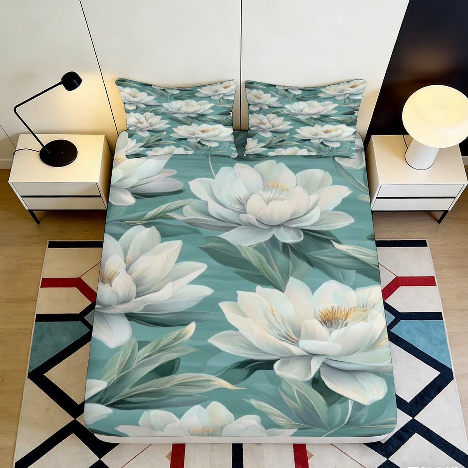 Tjiqhvmrn Style-7 3D Printed Lotus Pattern Fitted Sheet Microfiber Deep Pocket Elastic Hem Lotus Mattress Fitted Cover Non-Slip For Bedroom 90X200x25cm