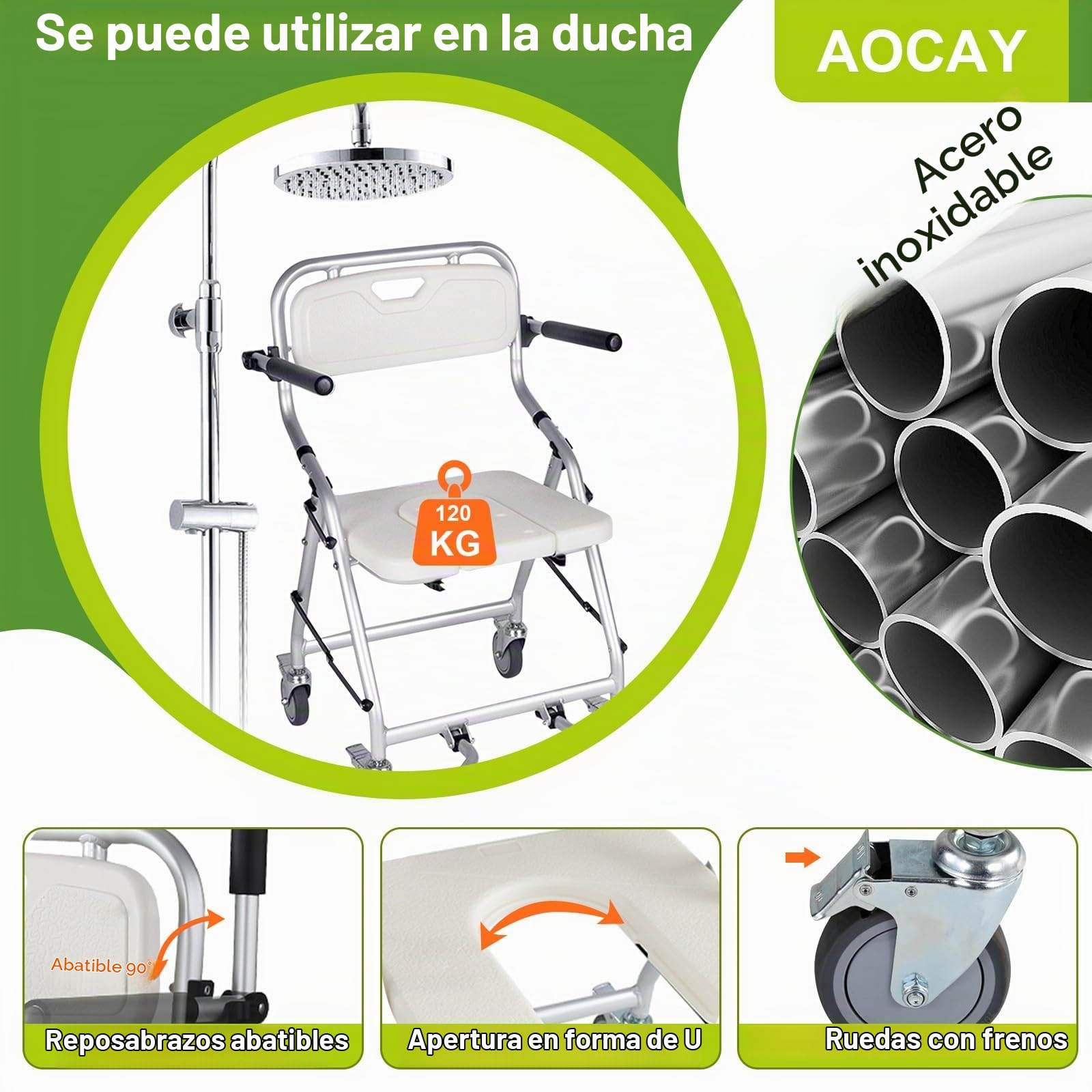 Silla de Ducha con Ruedas para Personas Mayores, Silla con Ruedas para Ducha, Silla Baño Ancianos Ducha, Taburete Ducha para Mayores con Reposabrazos y Reposapiés Plegables