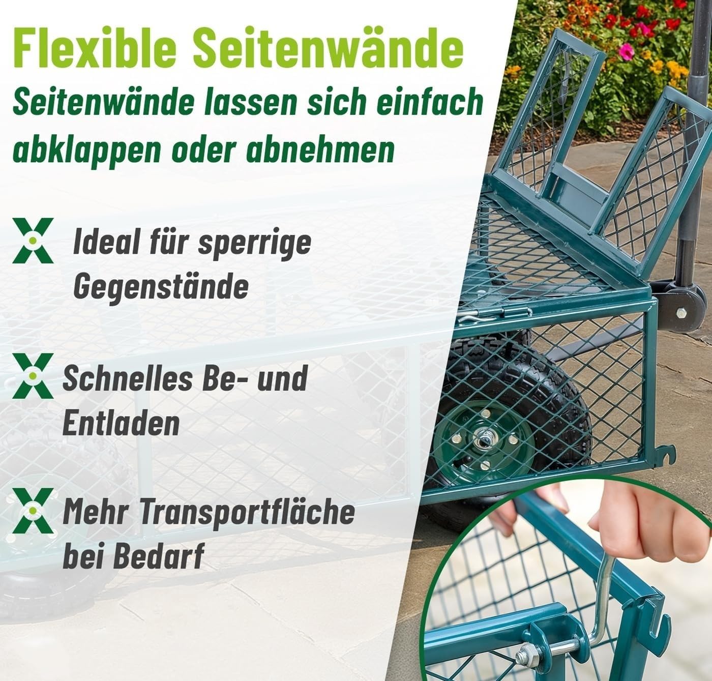 Gitterwagen Transportwagen bis 300kg – Robuster Handwagen mit Luftreifen, Abnehmbare Gitterwände, Ideal für Garten, Hof, Baustelle, Metallkonstruktion, Belastbar für schwere Lasten