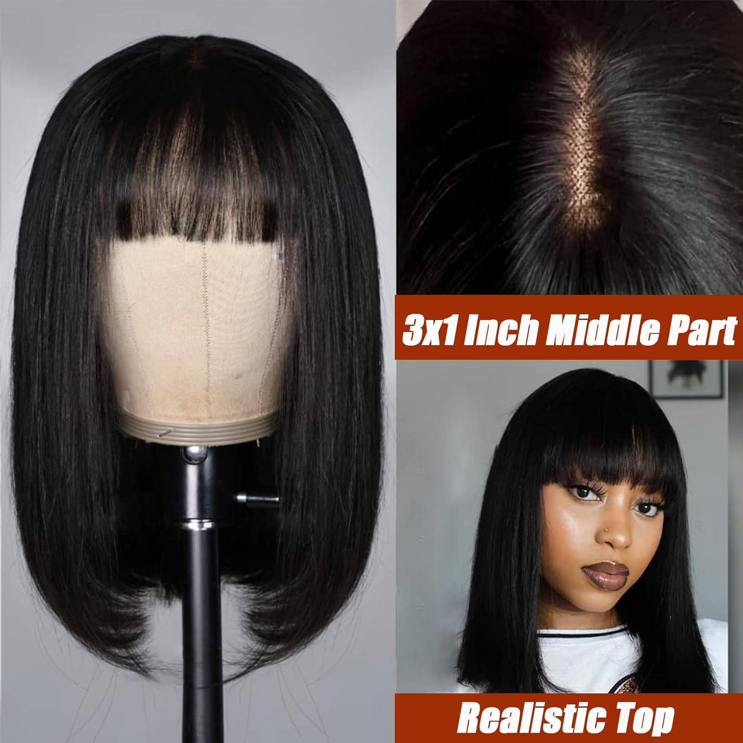 2X1 Straight Echthaar Perücke Lace Front Wig Human Hair Wig with Bang Short Bob Wig Human Hair with Bang echthaar Perücke Bob With Bangs 10zoll