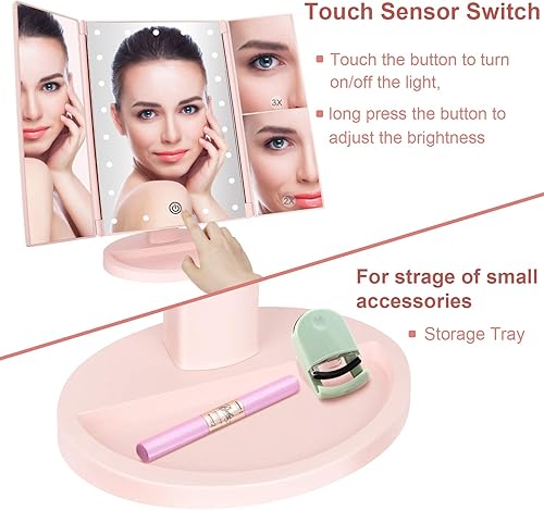 Vista 5 de deweisn Espejo de tocador iluminado de tres pliegues con 21 luces LED, pantalla táctil y aumento 3X/2X/1X, dos modos de fuente de alimentación