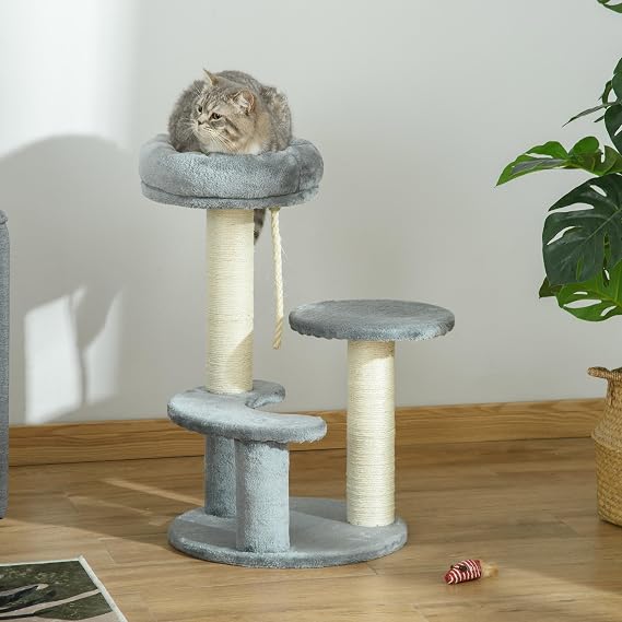 PawHut 65cm Cat Tree for Kittens with Sisal Scratching Posts Perches Grey