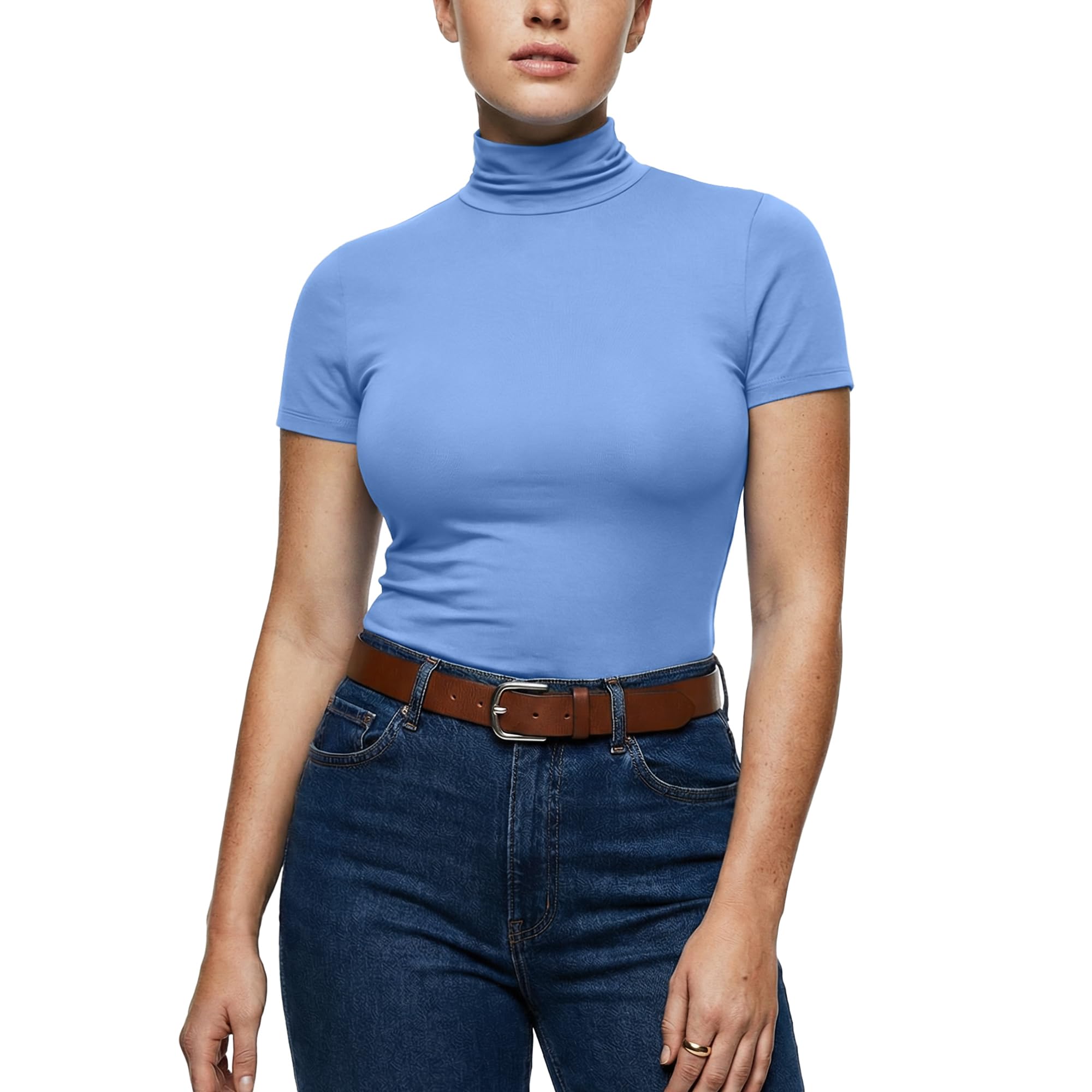 Zengjo Long Sleeve Turtleneck Women Stretch/Short Sleeve Tops Fitted Tee Shirt