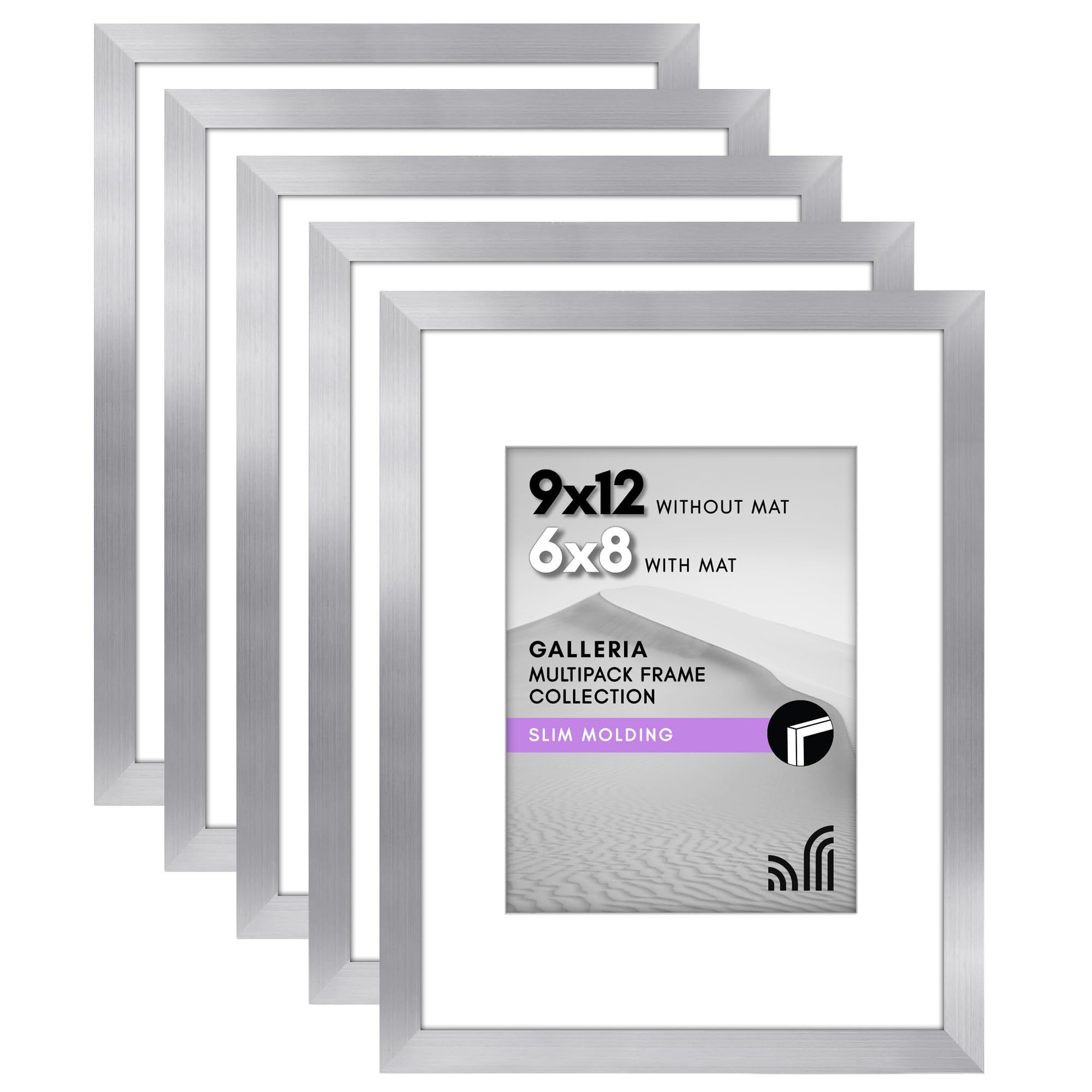 Americanflat 9x12 Picture Frame With Polished Plexiglass - Set of 5 - Use as 6x8 With Mat or 9x12 Without Mat - Galleria Collection - Gallery Wall Set for Wall Display - Silver