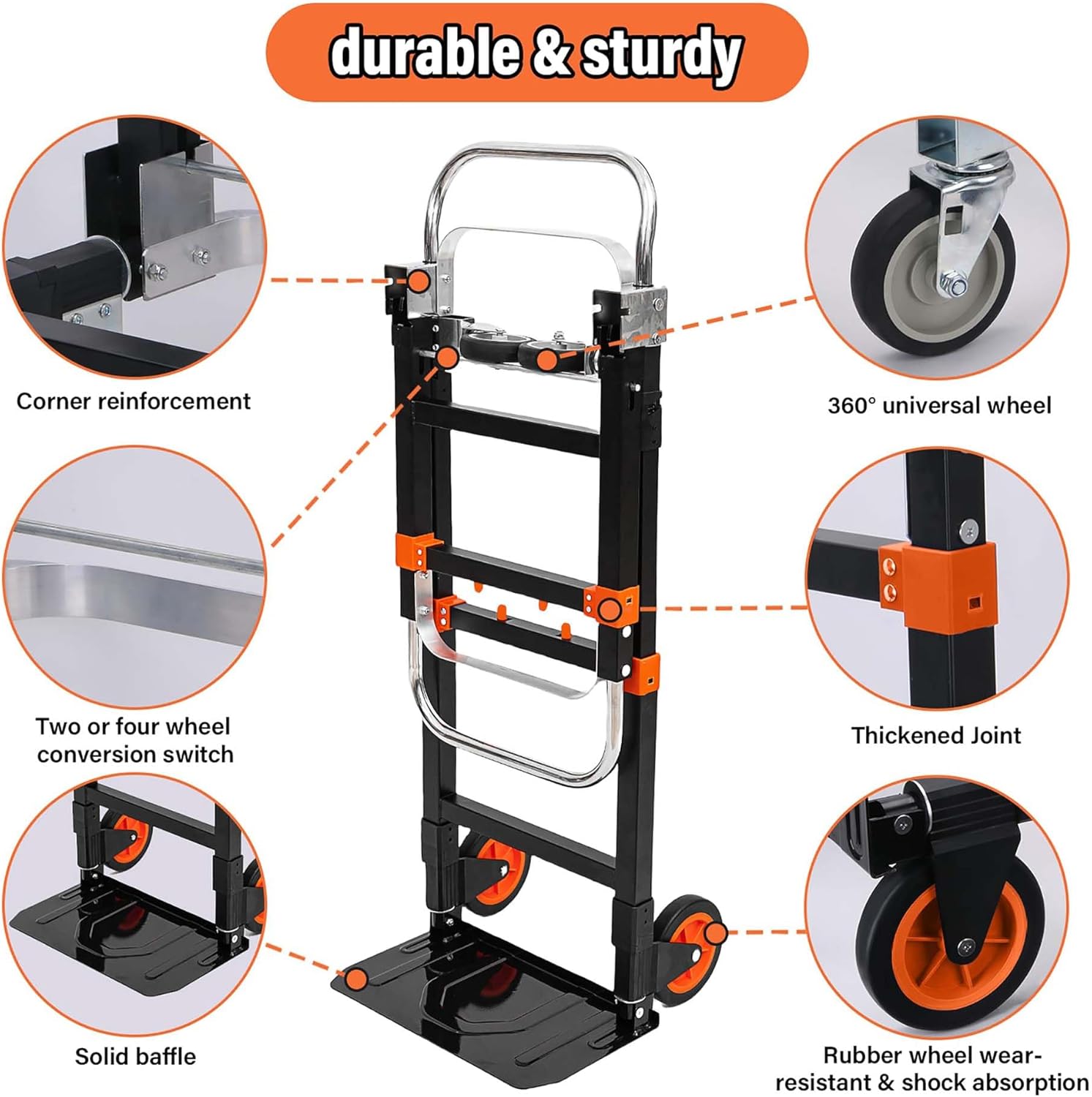 Upgraded 3 in 1 Folding Hand Truck, 600 lbs Convertible Heavy Duty Dolly Cart, Collapsible Hand Trucks with 4 Rubber Wheels and Retractable Handle for Moving Home, Warehouse, Supermarket (Orange)