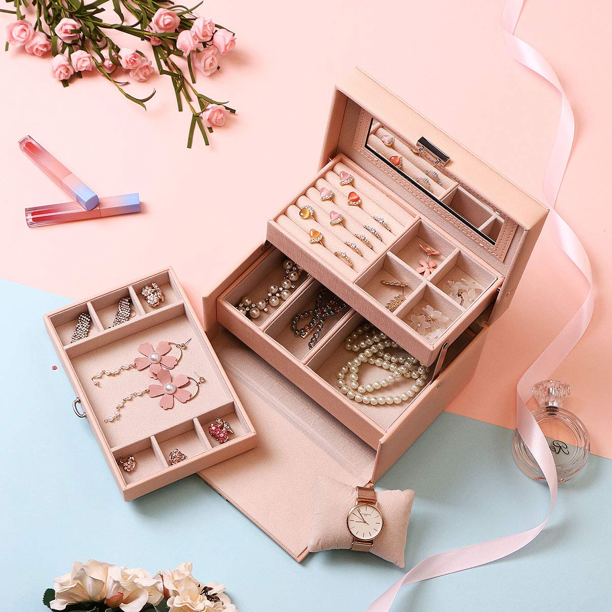 Bewishome Girls Jewelry Box Jewelry Organizer With Mirror Layers