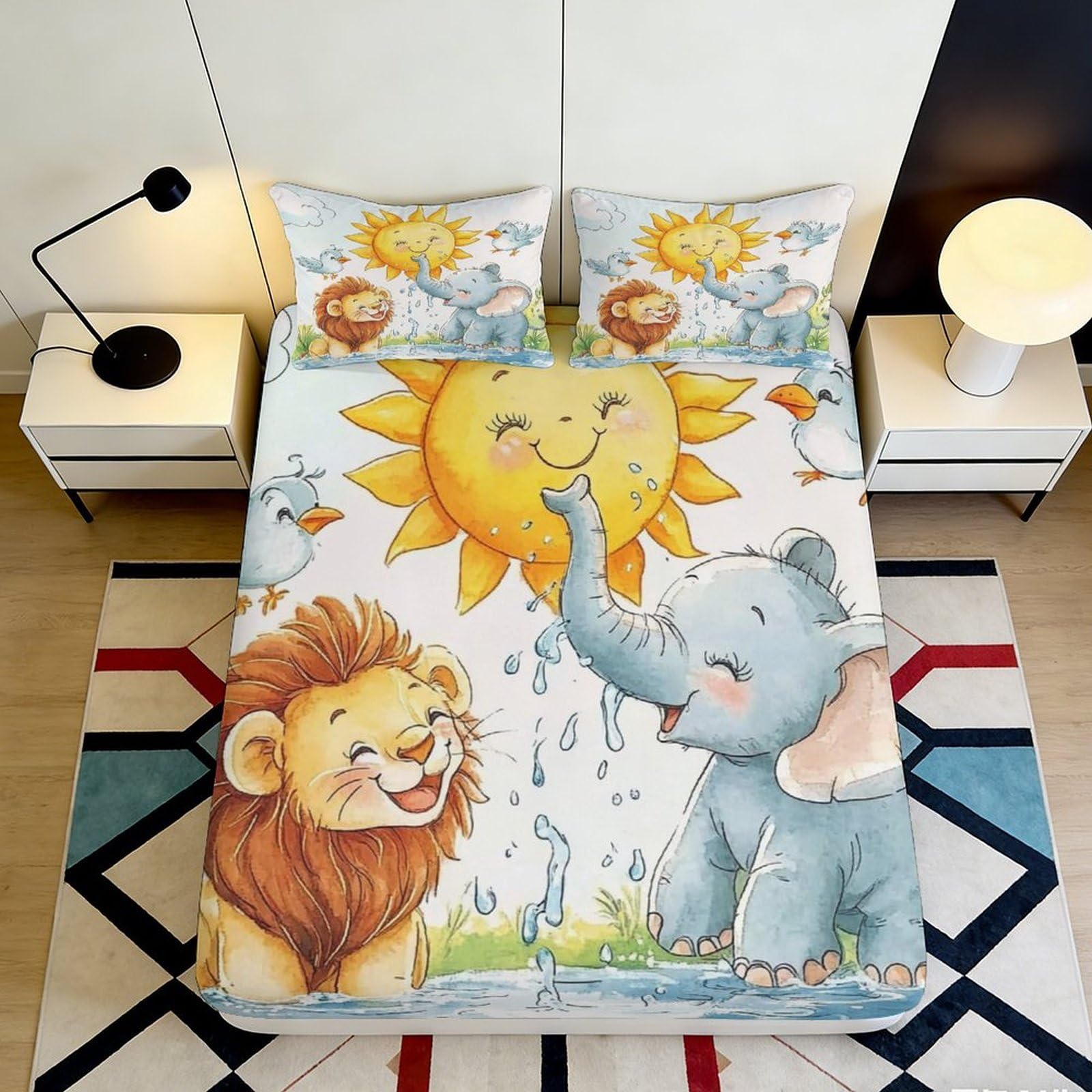 3D Printed Cartoon Lion Elephant Fitted Sheet Microfiber Soft Sun Mattress Cover for Bedroom Guestroom Decor 90x200x25cm