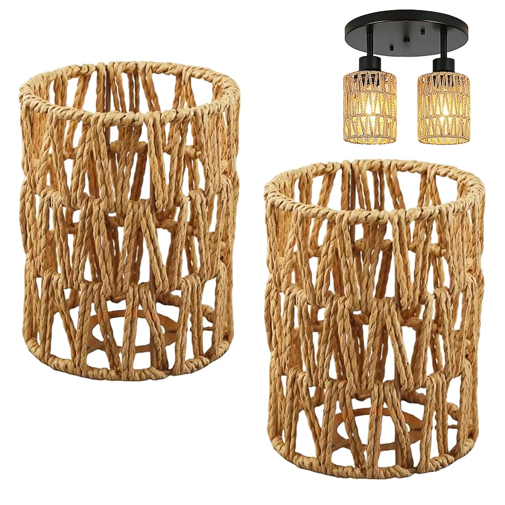 SKIKHN Rattan Lampshade, 2 PCS Pendant Light Shade Boho Style, Handwoven Wicker Lampshade, Natural Rattan Light Cover for Living Room Bedroom Dining Room