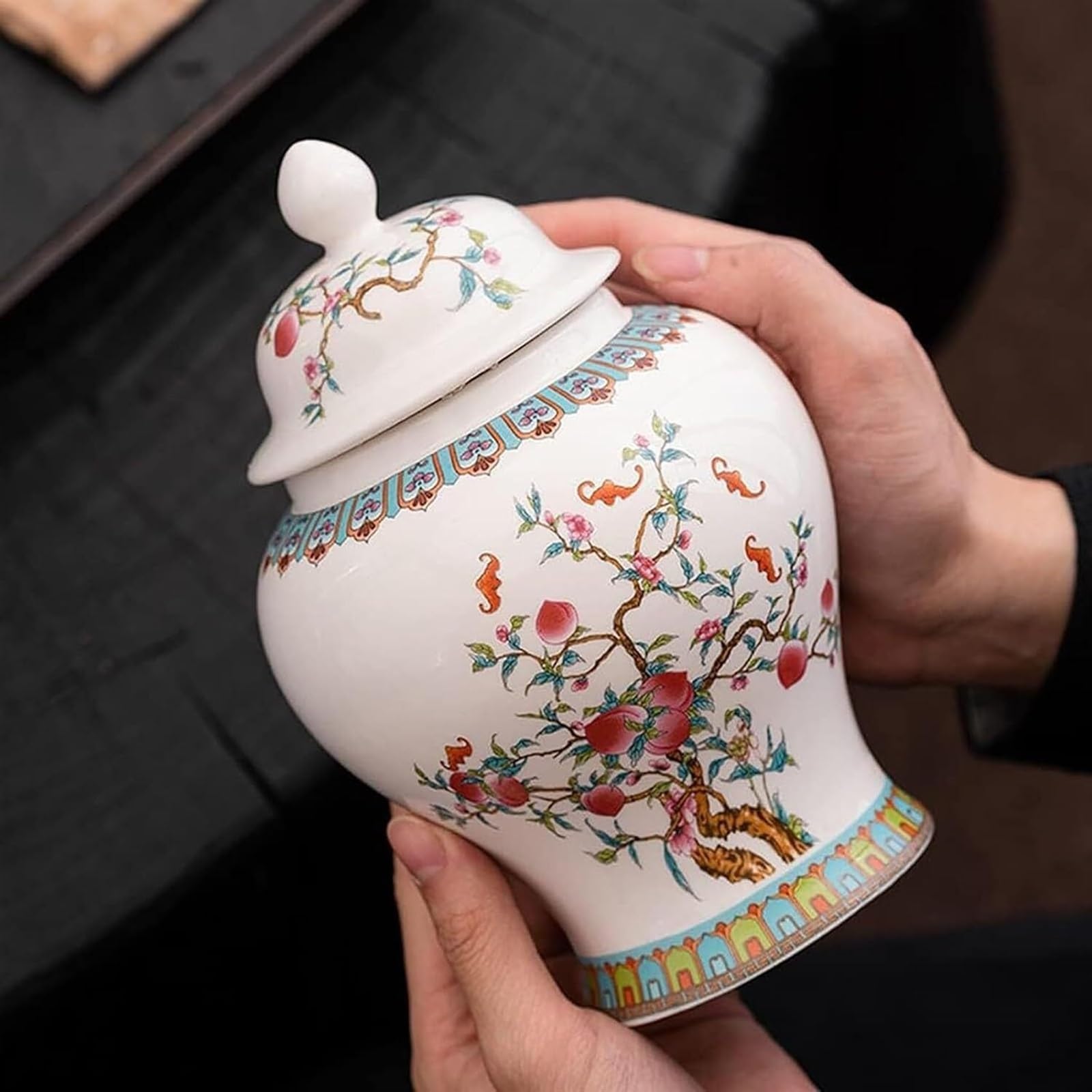 Duży ceramiczny wazon na imbir, dekoracyjne słoiki na imbir z kwiatowymi owocami, szkliwiona herbata luzem, dekoracyjny słoik z porcelany,