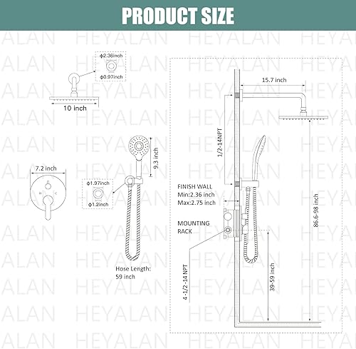 Miniatura 2 de Juego de grifo de ducha montado en la pared negro mate para baño con válvula de equilibrio de presión, cabezal de ducha de lluvia de 10 pulgadas y