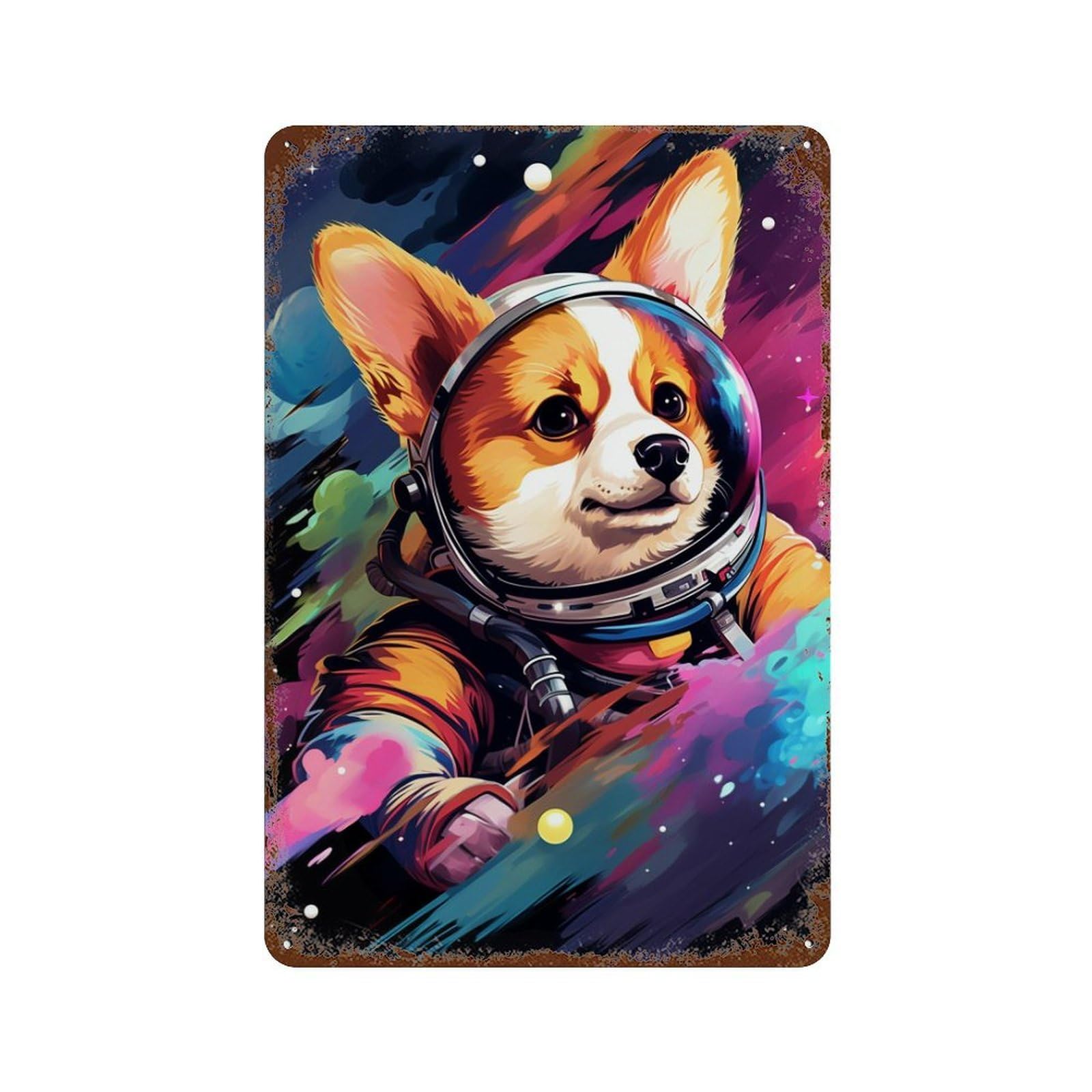 Rust Effect Corgi Astronaut in Space -10 Weathered Tin Sign 11.8"x7.9", Retro Wall Decor for Garage, Bar And Workshop Decor