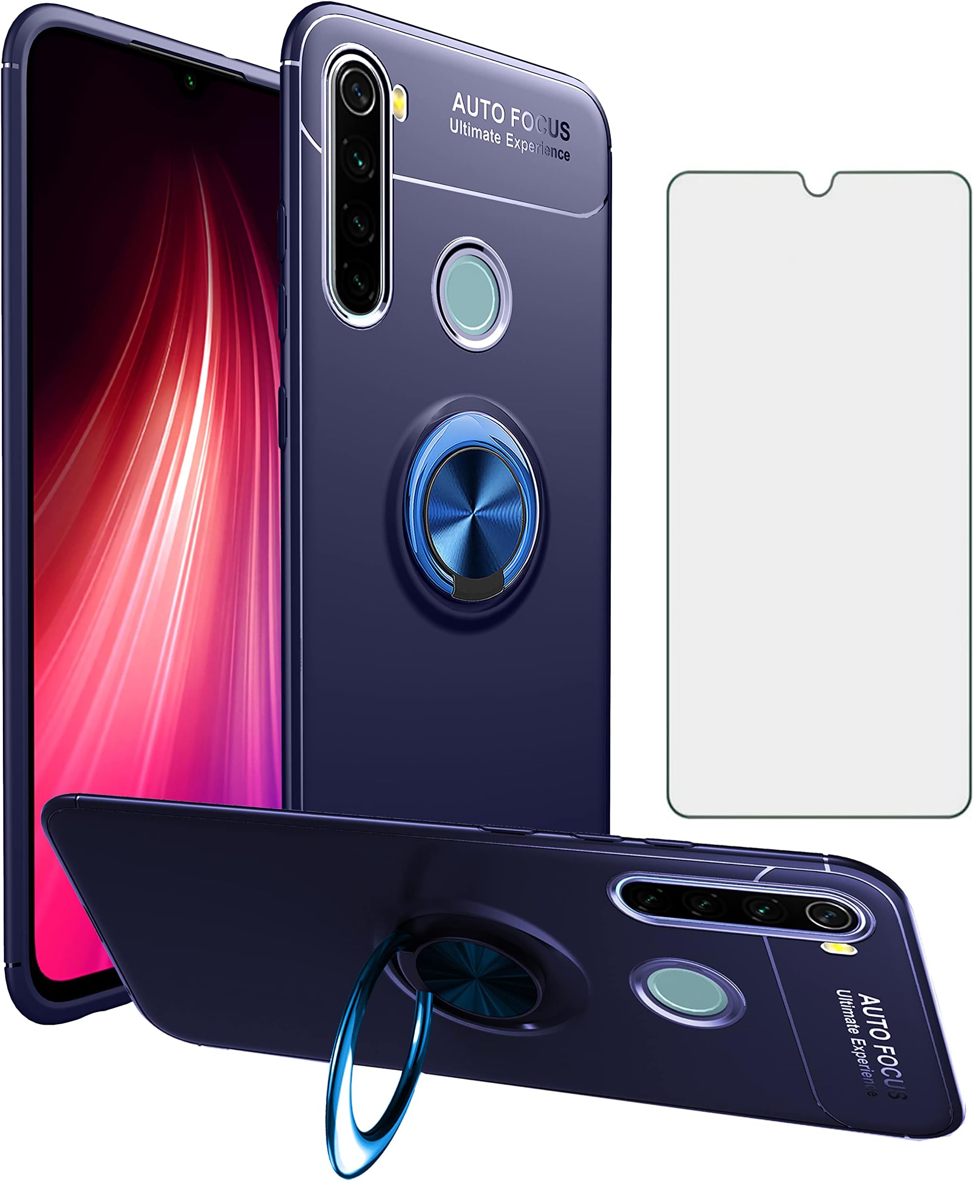 Asuwish Phone Case for Xiaomi Redmi Note 8 with Tempered Glass Screen Protector Cover and Cell Accessories Stand Kickstand Ring Holder Soft TPU Silicone Protective Slim Redme Note8 Women Men Blue