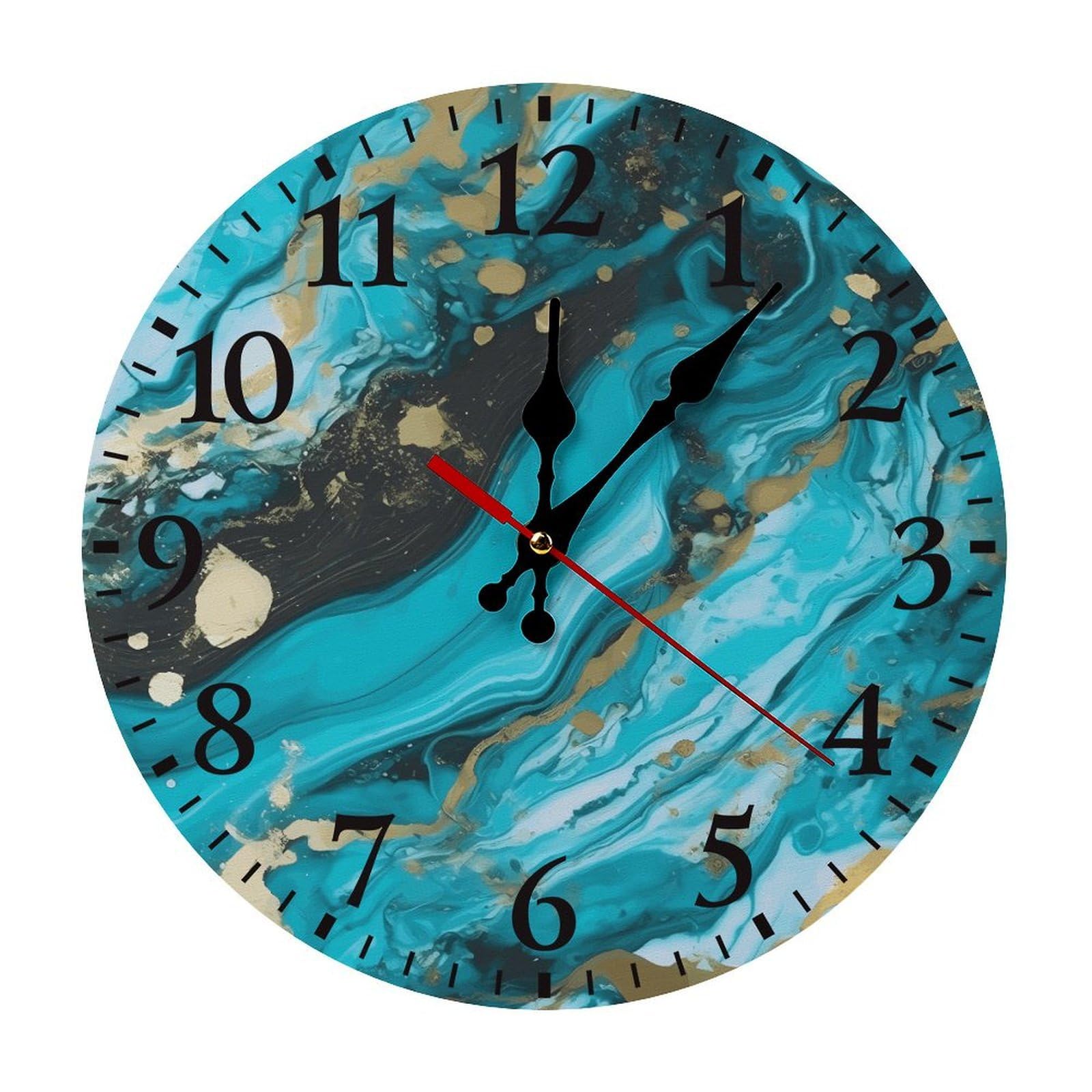 QMNLKH Turquoise Blue Gold Marble Wall Clock for Home, Battery Operated Clock for Hotel, Round Wall Clock with Arabic Numerals Black, Easy to Read, Non-Ticking Clocks for Living Room 25 * 25cm