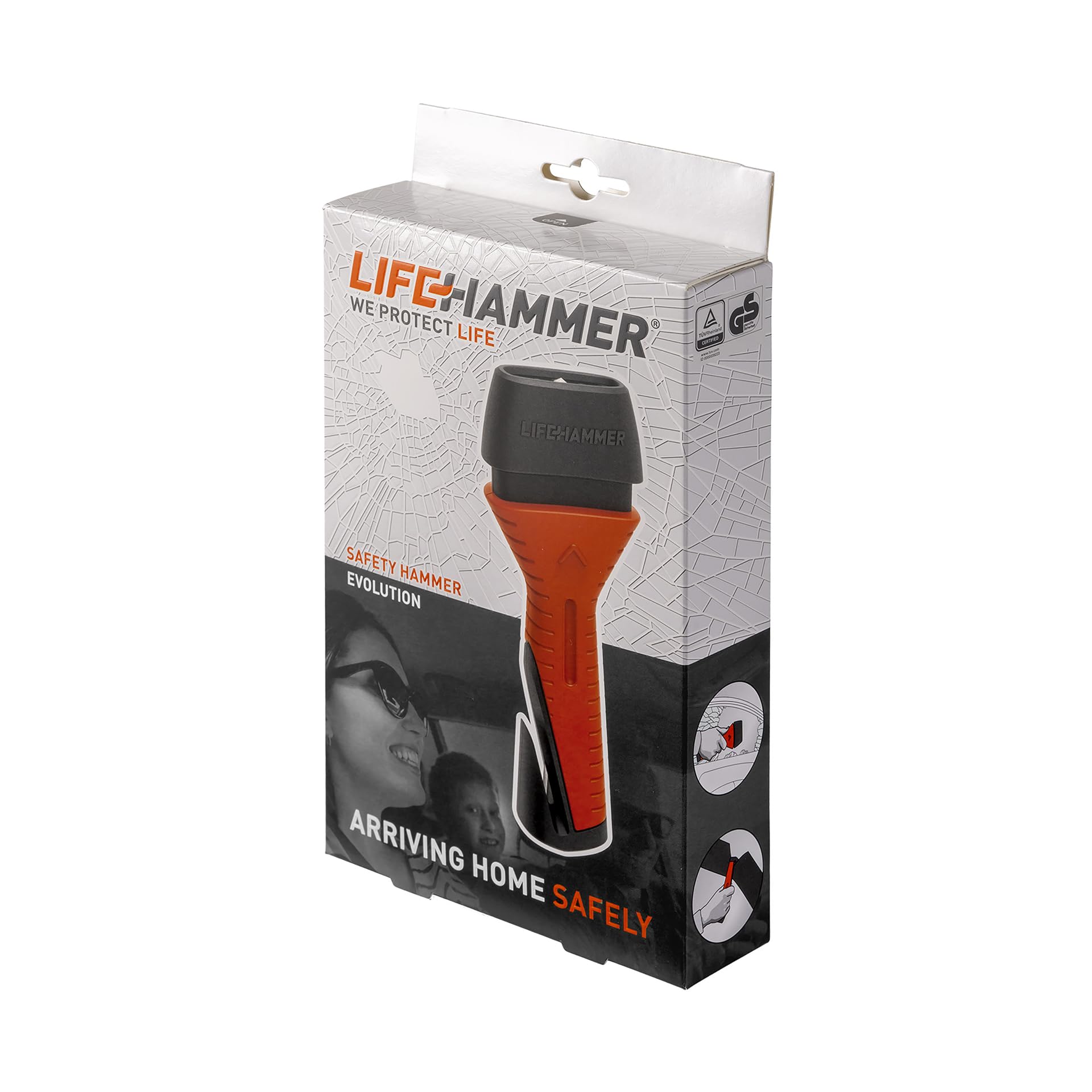 LIFEHAMMER EVOLUTION - Automatischer Notfallhammer für Auto - Nothammer mit Gurtschneider und Antirutsch Griff - Integrierter Sicherheitsschneider - Ultraharter Keramikhammerkopf - Zerstört Autoglas