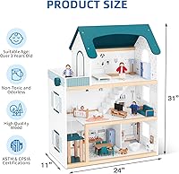 Vista 6 de OOOK Casa de muñecas de madera con elevador elevable, casa de muñecas moderna de 2.6 pies de alto para niños pequeños, incluye 21 muebles, 4 muñecas