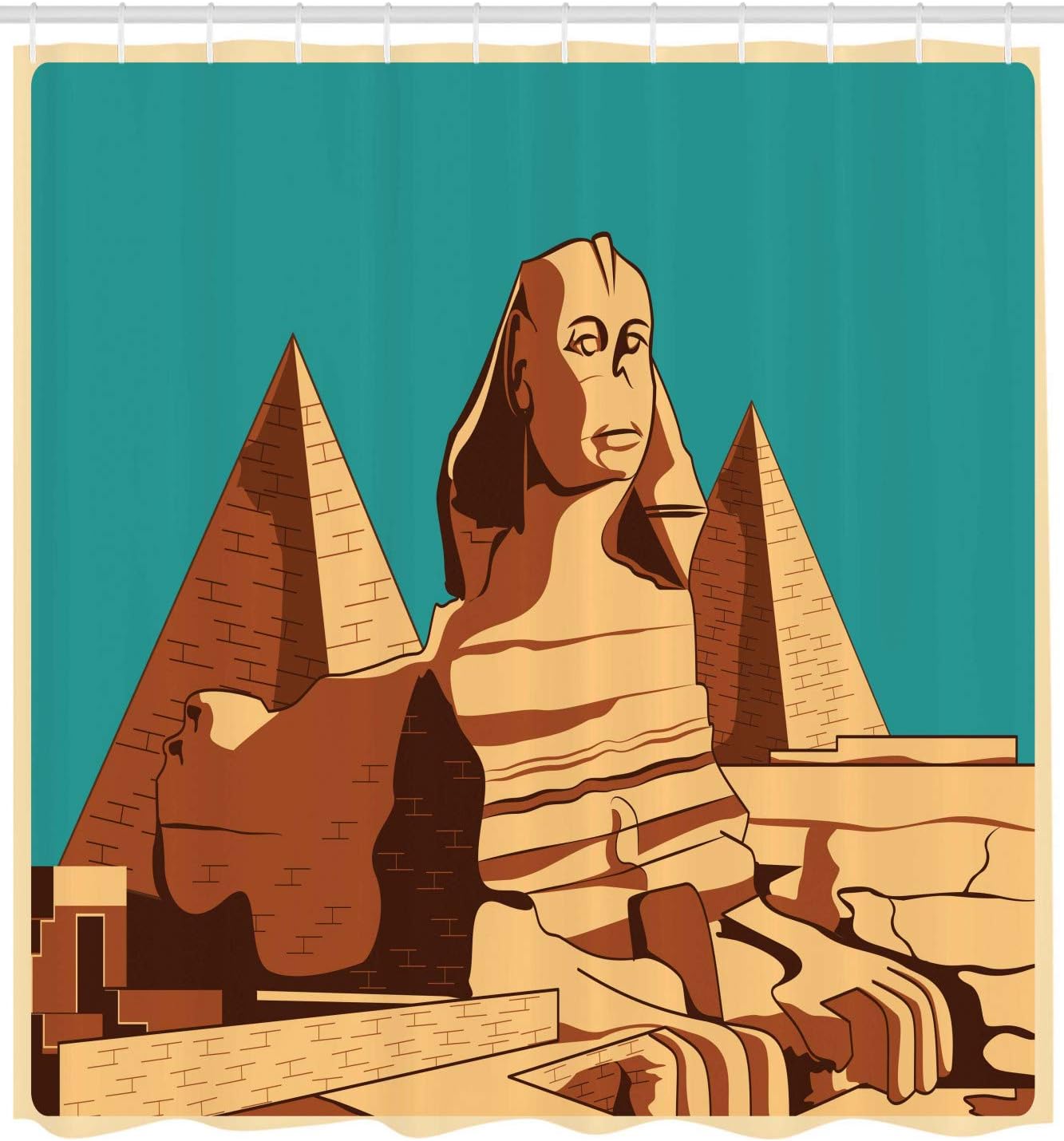 Ambesonne Egyptian Print Shower Curtain, Vintage Poster of Sphinx and Pyramids in Giza Famous Monument Cairo, Cloth Fabric Bathroom Decor Set with Hooks, 69" W x 70" L, Brown Teal
