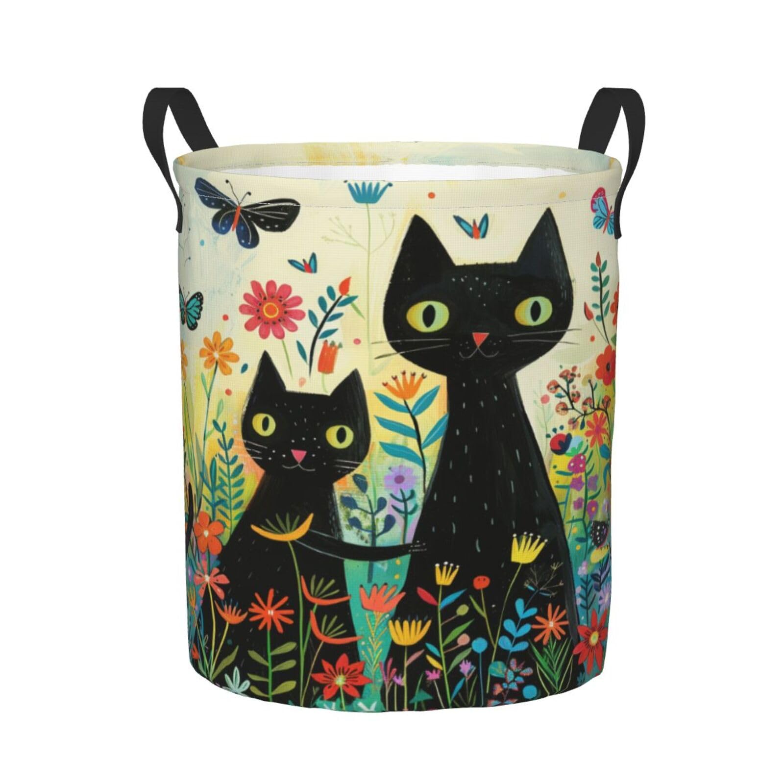 Panier A Linge Chat Noir Aux Fleurs Colorées Bac A Linge 40X50Cm