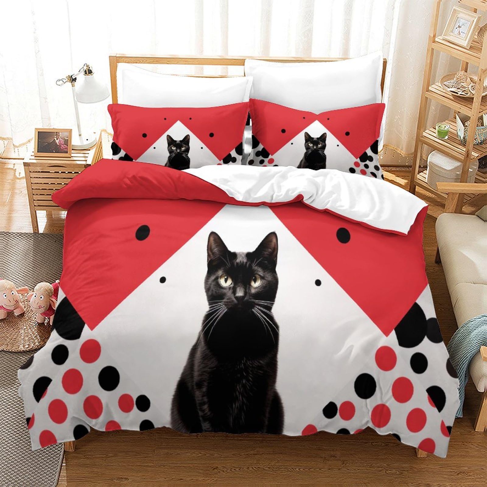 P1S9U7W5Y Modern Black Cat 3D Printed Duvet Cover Set 3pcs Microfiber Polka Dot Bedding Set Double