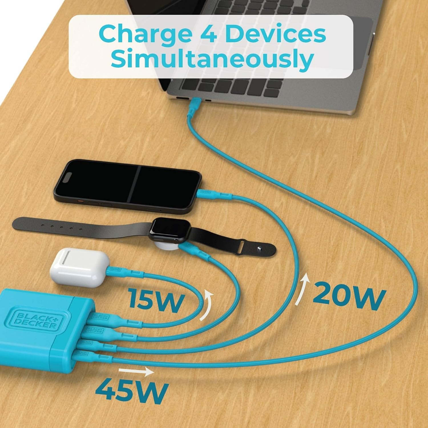 BLACK+DECKER USB C Fast Charger 65W 4 Port Type USB C Charging Station Hub Block TypeC Wall Charger Power Strip Adapter Plug 2 USBC 2 USBA for iPad iPhone 17 16 15 14 Pro Max Pixel Note Galaxy, Blue