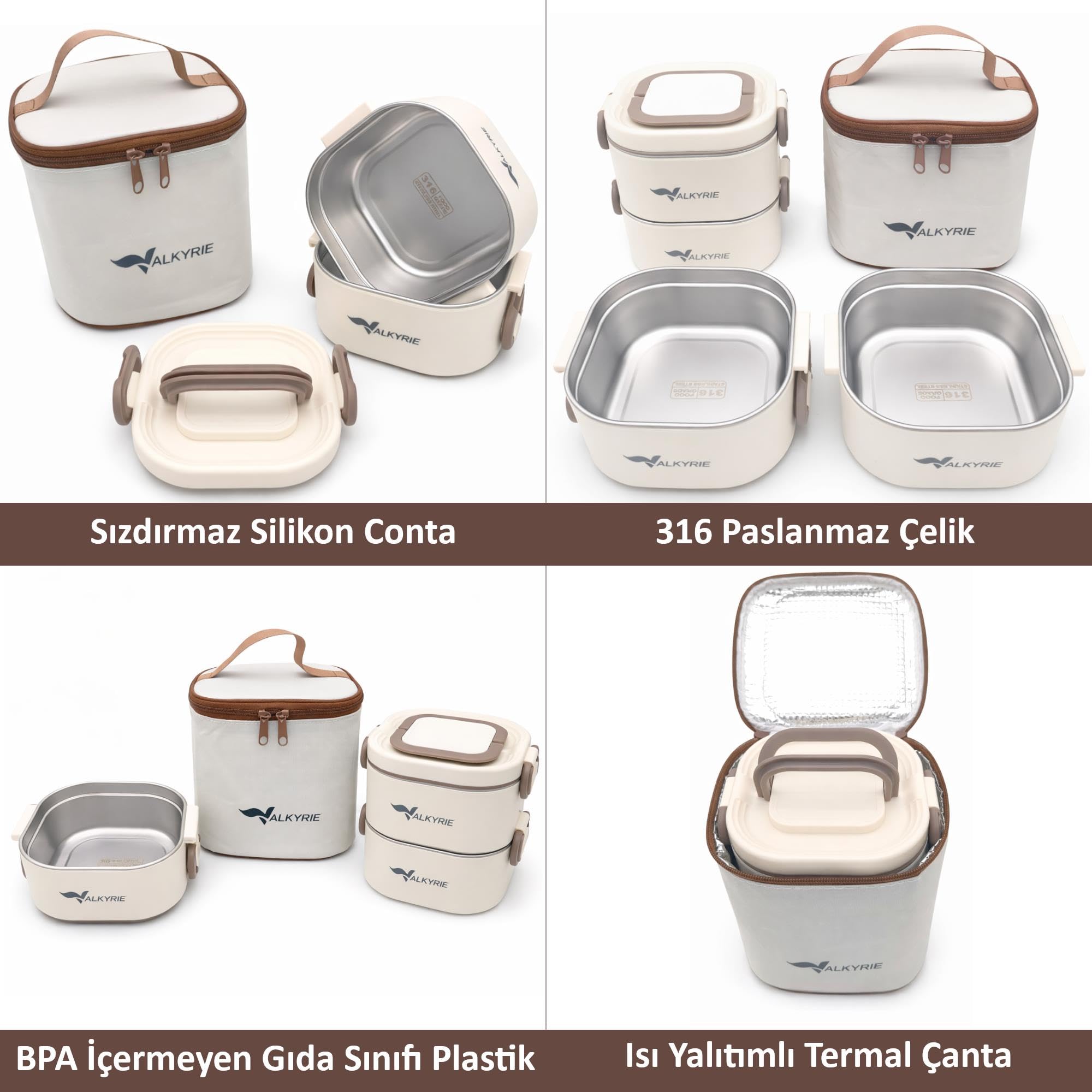 Valkyrie 1300 ML 2 Katlı Paslanmaz Çelik Yemek Kabı – Termal Taşıma Çantalı, Sızdırmaz, BPA İçermez