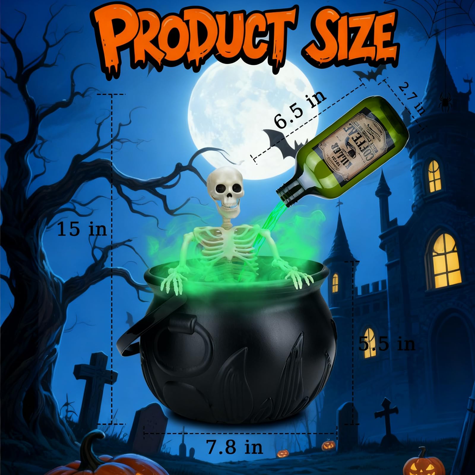 Dekoracje na Halloween do wnętrz – kociołek czarownic – kompletny zestaw dekoracyjny na Halloween z realistycznymi butelkami na mgiełkę i magiczne pływające eliksiry, wewnętrzny straszny szkielet