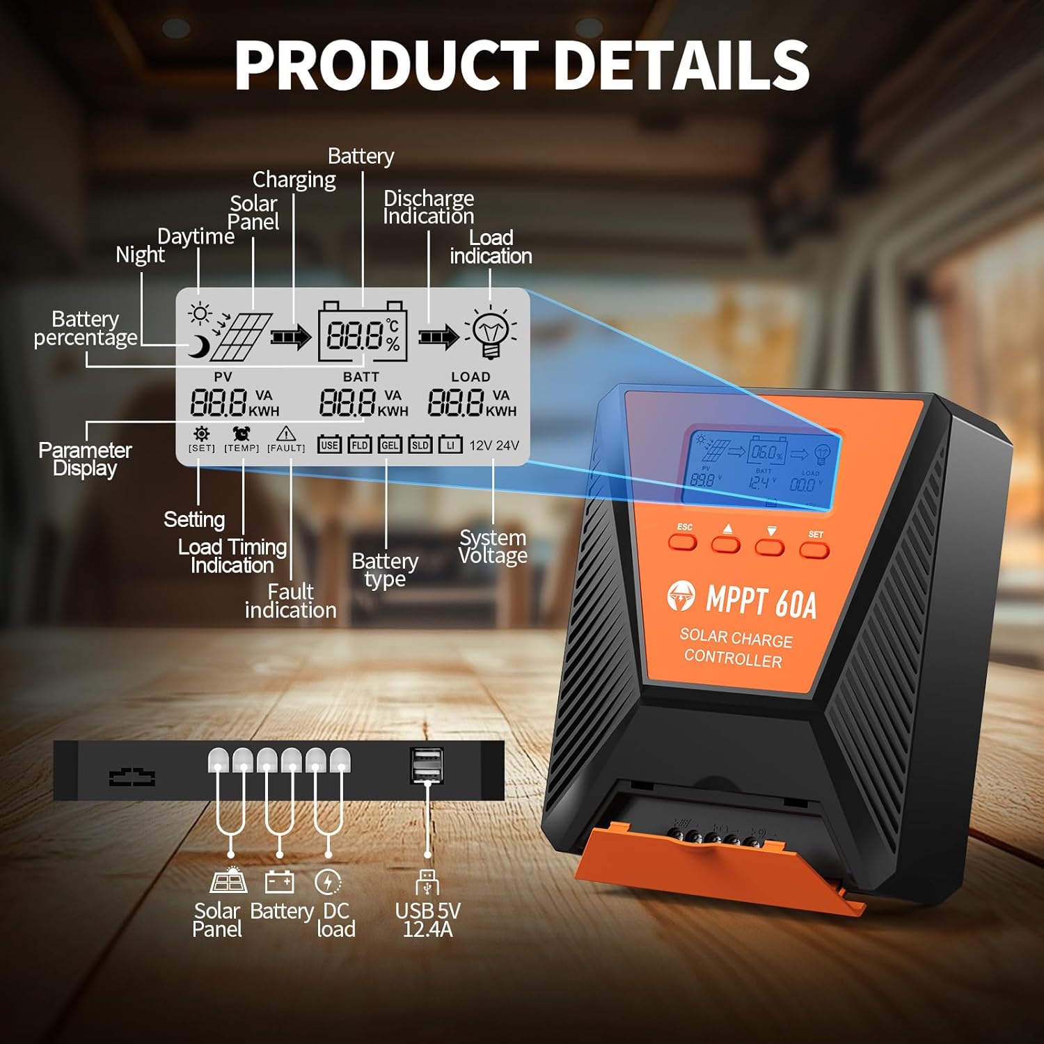 വിശദമായി view of TOPBULL 60A MPPT Solar Charge Controller LCD display and connection ports