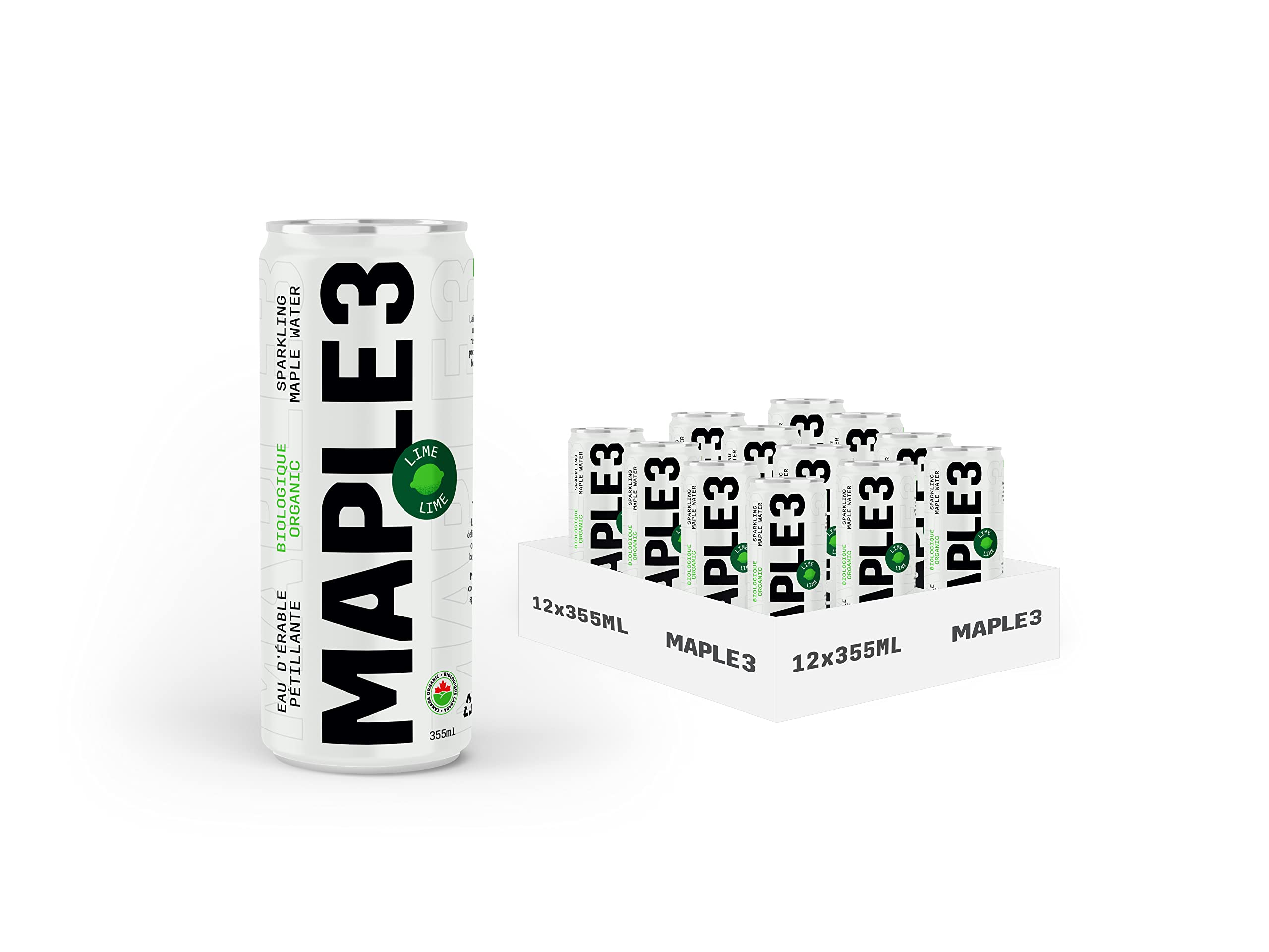 Maple 3Organic Sparkling Maple Water | 100% Natural Hydratation, Straight from a Tree (Maple Sap), 46 Essential Bioactive Compounds, Electrolytes & Minerals, No Sugar Added, Low in Calories, Eco-Friendly Packaging, Sustainably Sourced, Pack of 12x355ML (Lime)