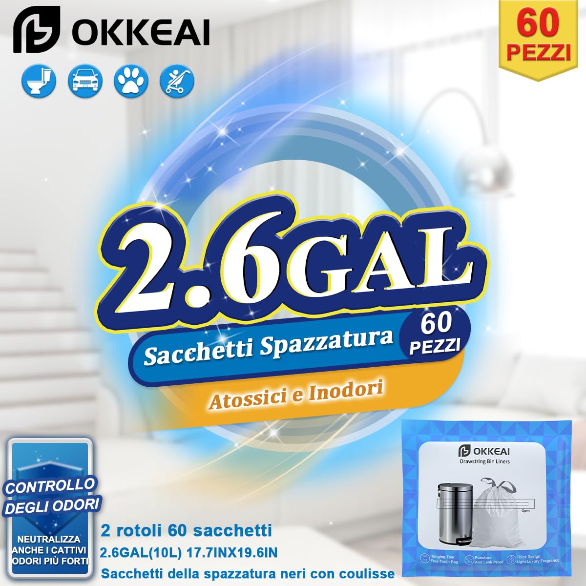 OKKEAI 60 Sacchetti Cestino con Coulisse, Buste Spazzatura 10L Neri Sacchetti Spazzatura Piccoli, Estrazione Semplice Senza Strappo, Antistrappo Anti-Perdite, Ideali per Bagno, Ufficio, Camera, Auto