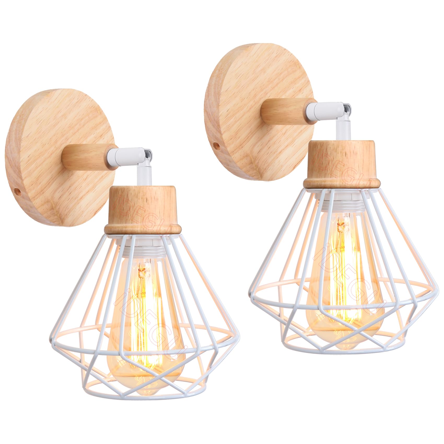 iDEGU Set of 2 Vintage Wall Lights Industrial Cage Design in Metal and Wood Retro E27 Wall Lamp Adjustable Ceiling Light Indoor Wall Sconce for Bedroom, Hallway, Living Room (16cm, Type D, White) โ image 1