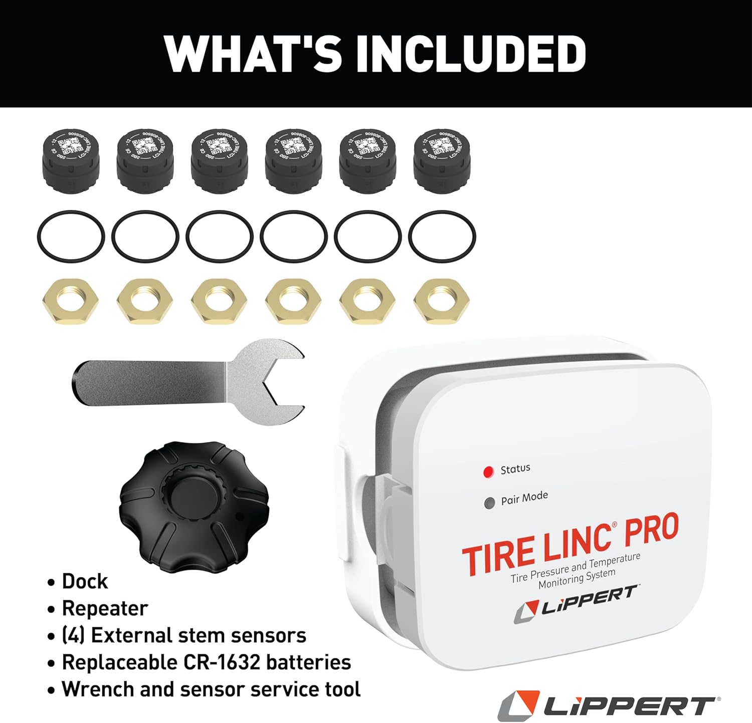 Lippert Tire LINC PRO RV Tire Pressure/Temperature Monitoring System (TPMS) 6-Tire Bundle with External Stem Sensors, Repeater, and Dock #2024115891