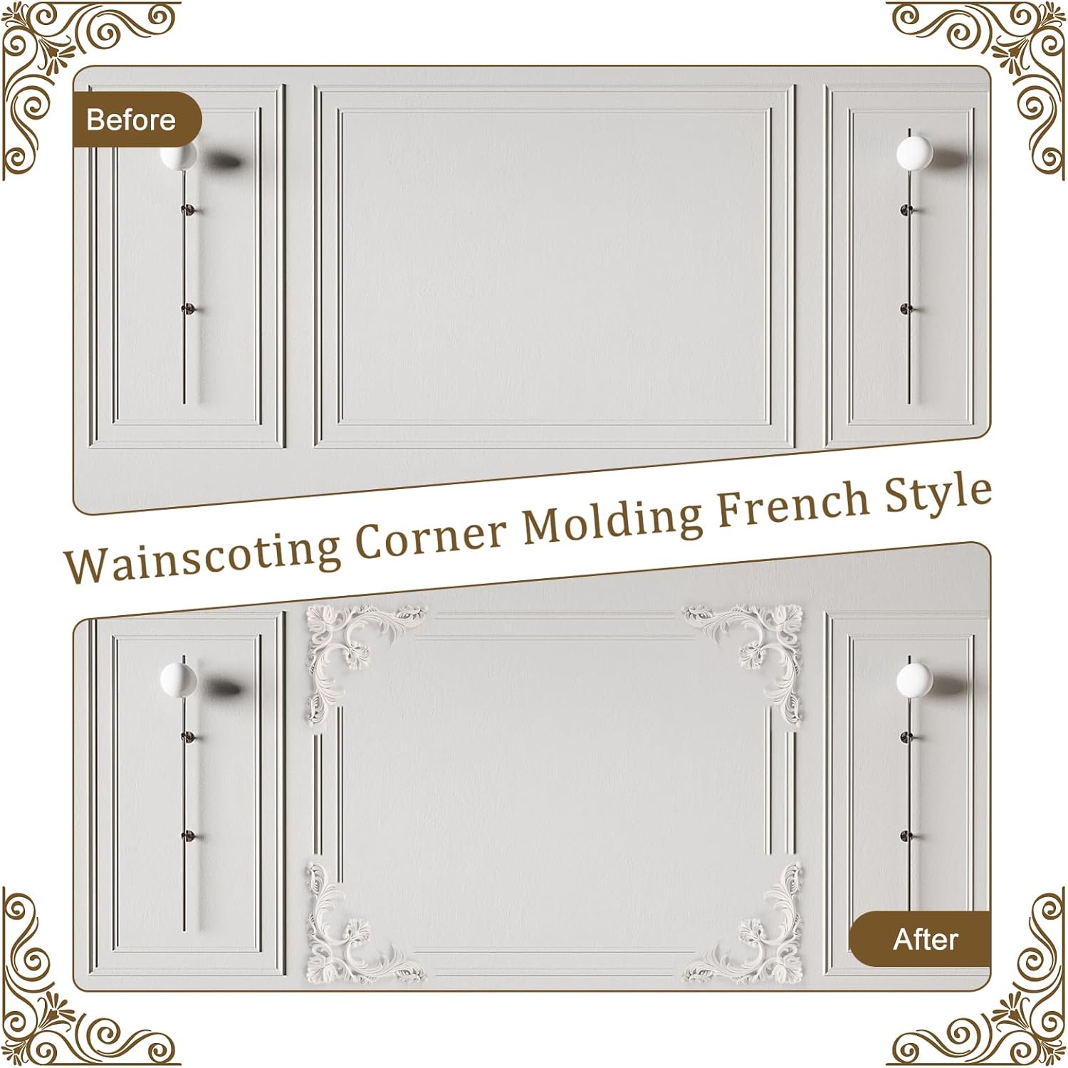 4 Pcs PU Ceiling Molding Kit 13.4 x 13.4 in Corners Decoration Murals Trim Premade Flowers Pattern French Style Wall Decor for Ceiling Decorative Panels for Wall