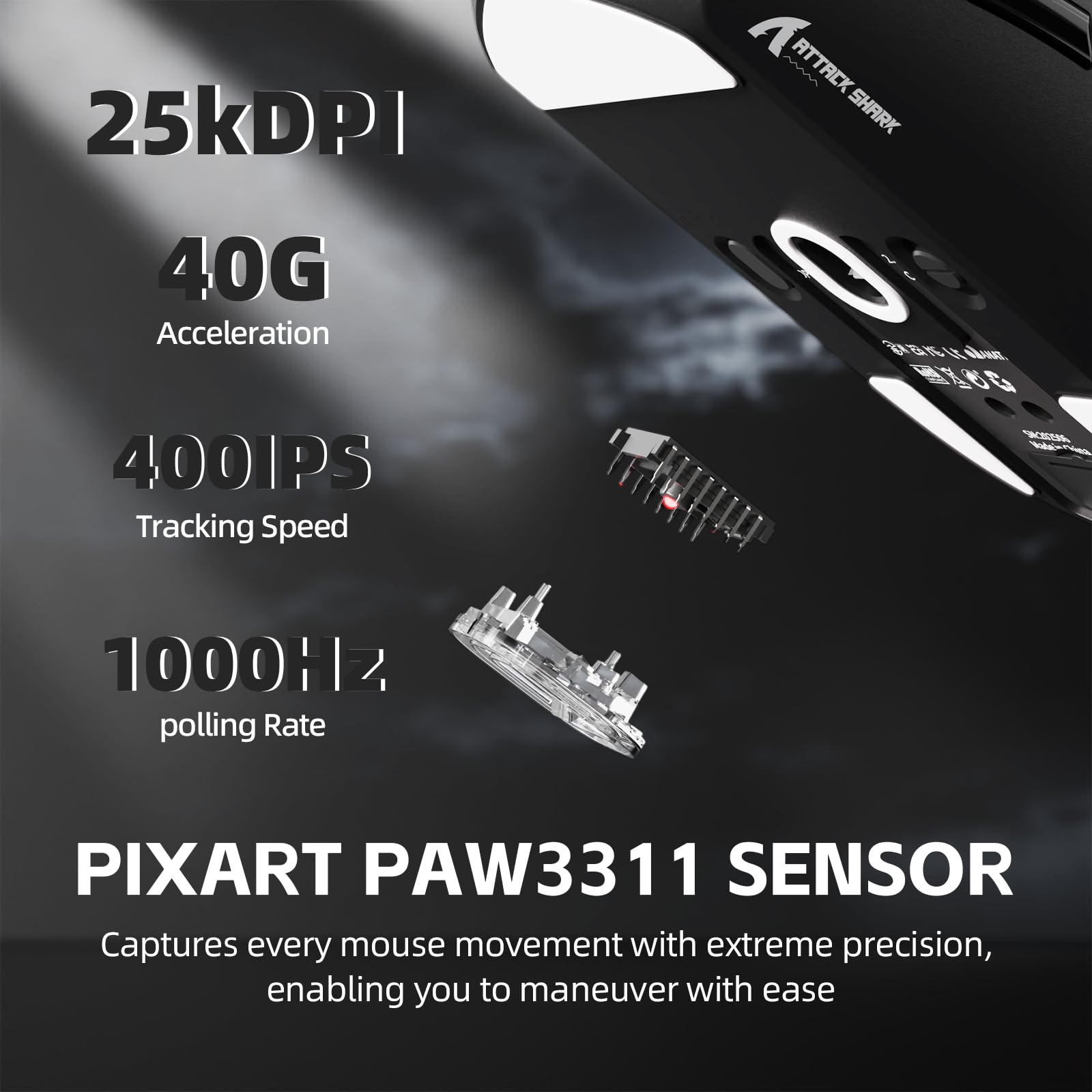 ATTACK SHARK G3PRO Mysz Gamingowa Bezprzewodowa z Magnetyczną Stacją ładującą, Czujnik PixArt PAW3311, do 25000DPI, Bluetooth/2,4GHz/Przewodowa, 500mAh, 59g SUPERLIGHT Myszy do PC/Xbox/PS/Mac - Czarny