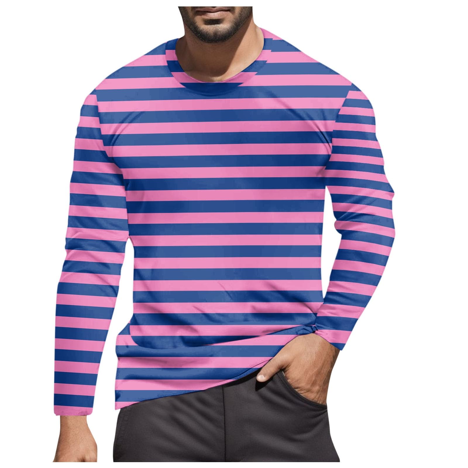 Striped Shirt Men Women Red White Long Sleeve T-Shirt Carnival Long Sleeve T-Shirt Horizontal Stripes Wide Stripes Fine Stripes Crew Neck Leisure Top Striped Shirt Fancy Dress Costumes, Pink 10, XXL
