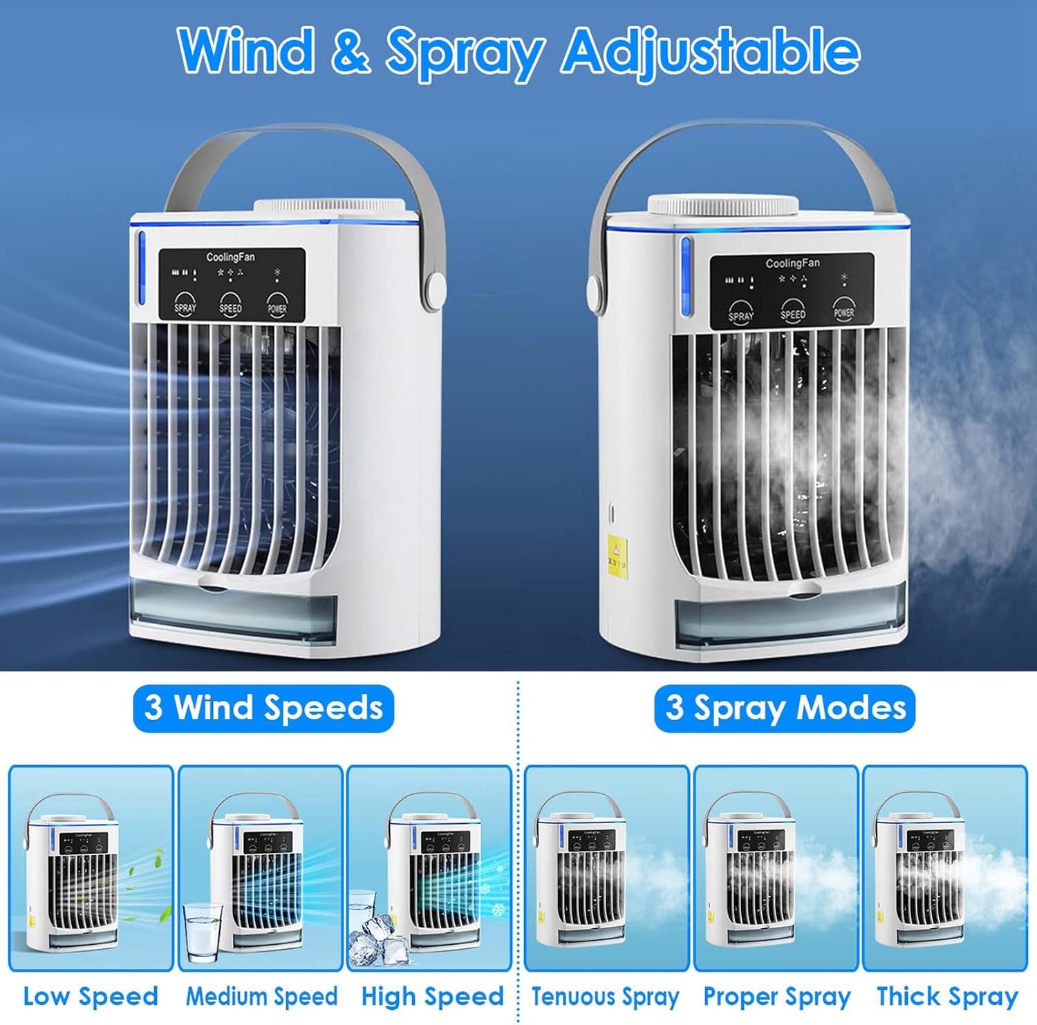 Portable Air Conditioners, 3 Wind Speeds Personal Cooling Fan with Night Light, 4 in 1 Air Cooler Mini Air Conditioner Portable for Home Office Room Car Camping