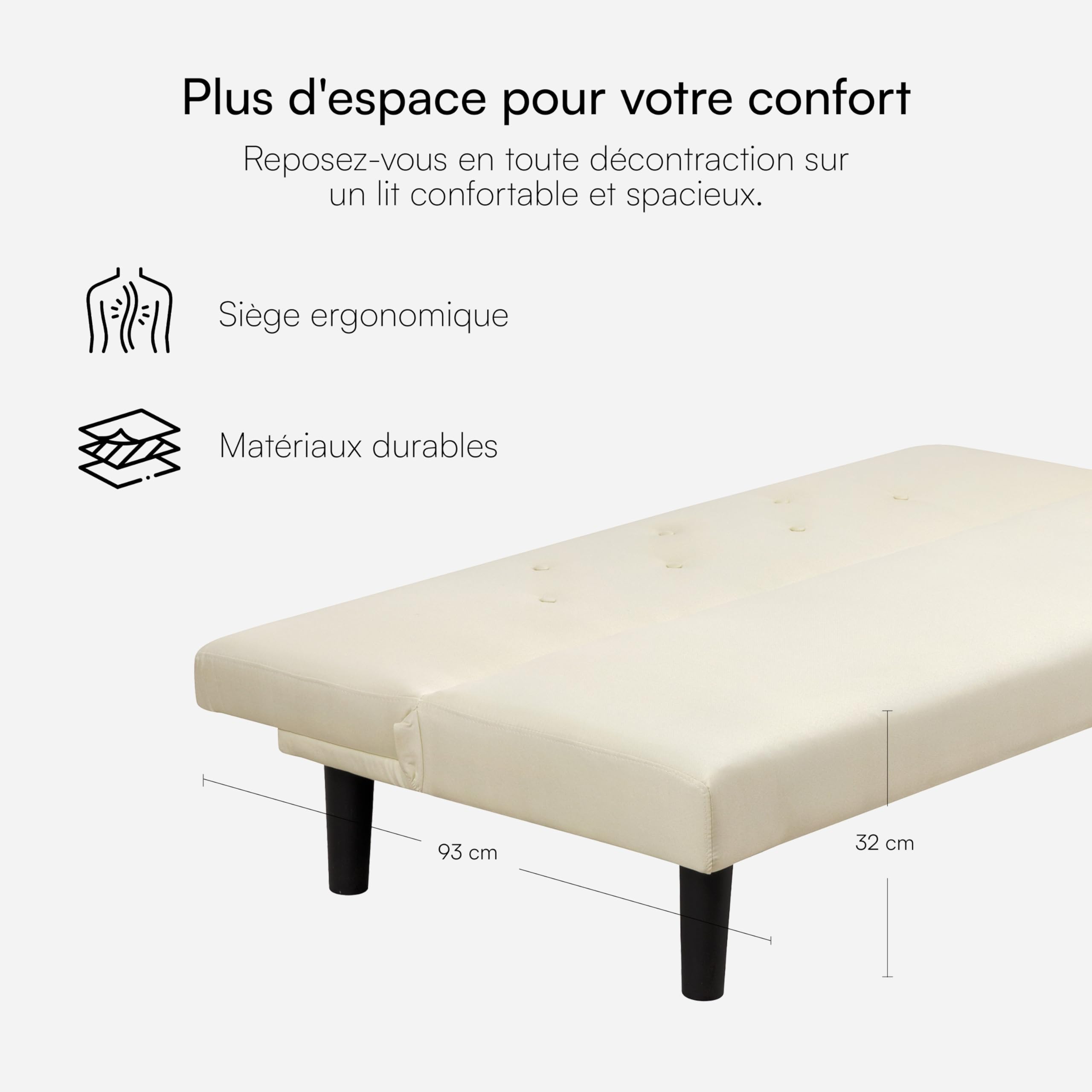 Baroni Home Canapé-Lit Clic Clac en Tissu 3 Places Convertible en Lit Rembourré, Sofa Inclinable avec Pieds en Plastique pour Salon, Chambre d'amis, Ouverture 93 cm, 167x70x77 cm, Crème